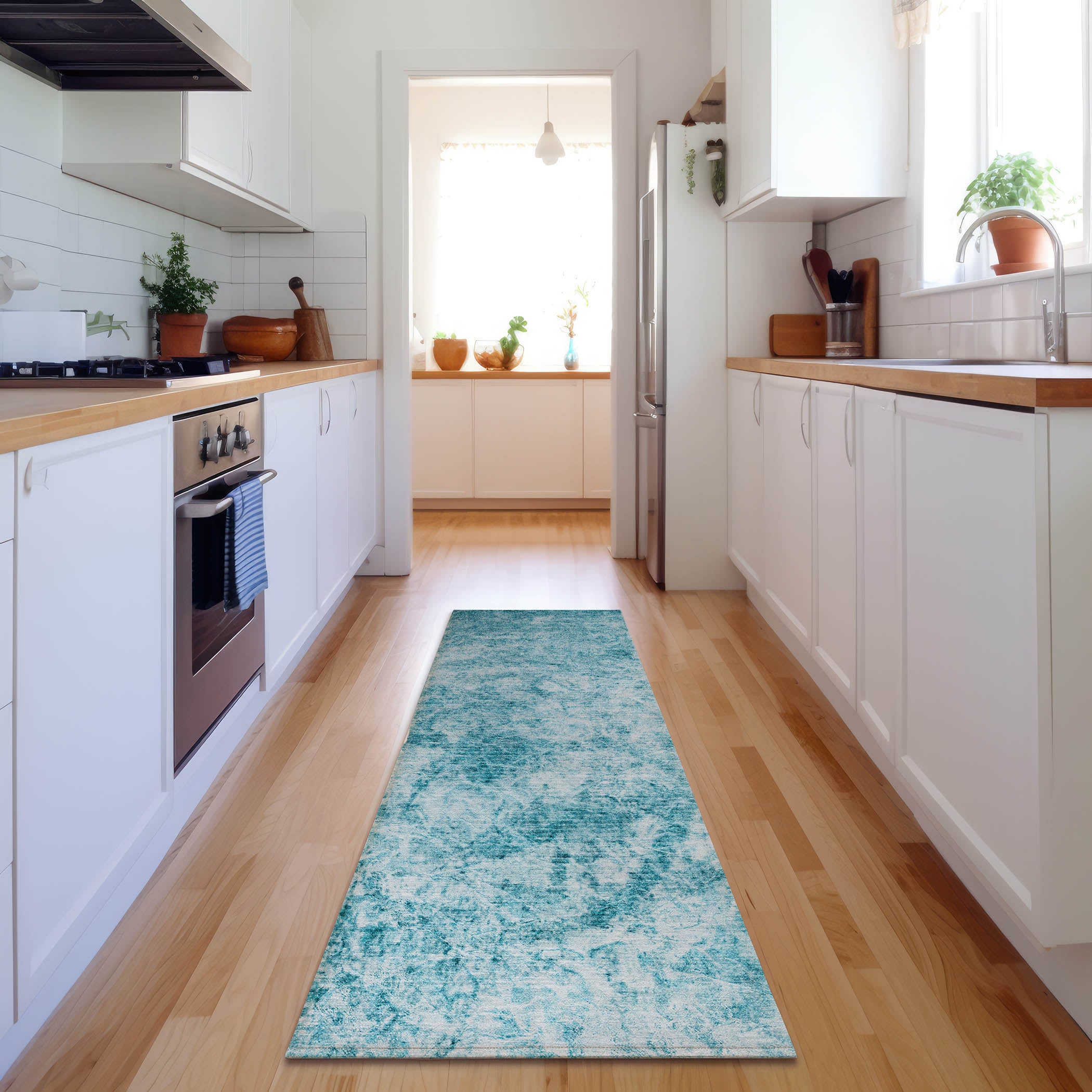 Santorini Machine Washable Transitional Teal Rug 2'3" x 7'6" #shape_Runner