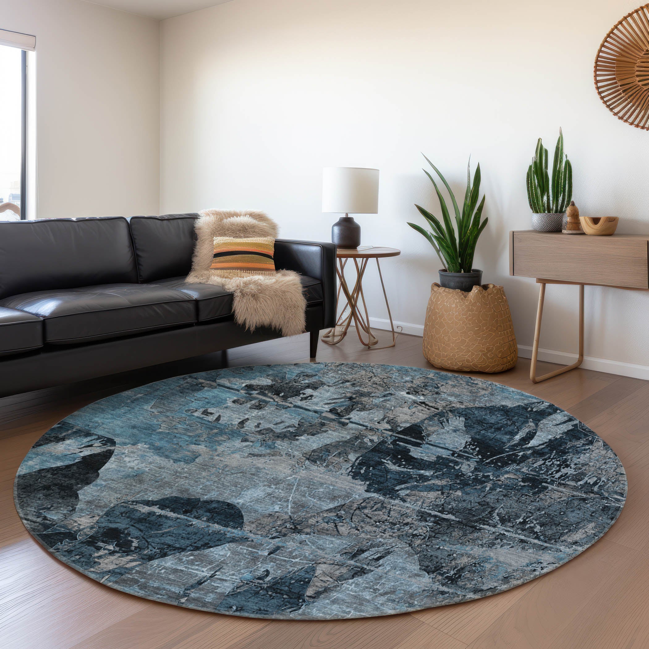 Dublin Machine Washable Transitional Denim Blue Rug 8' x 8' #shape_Round