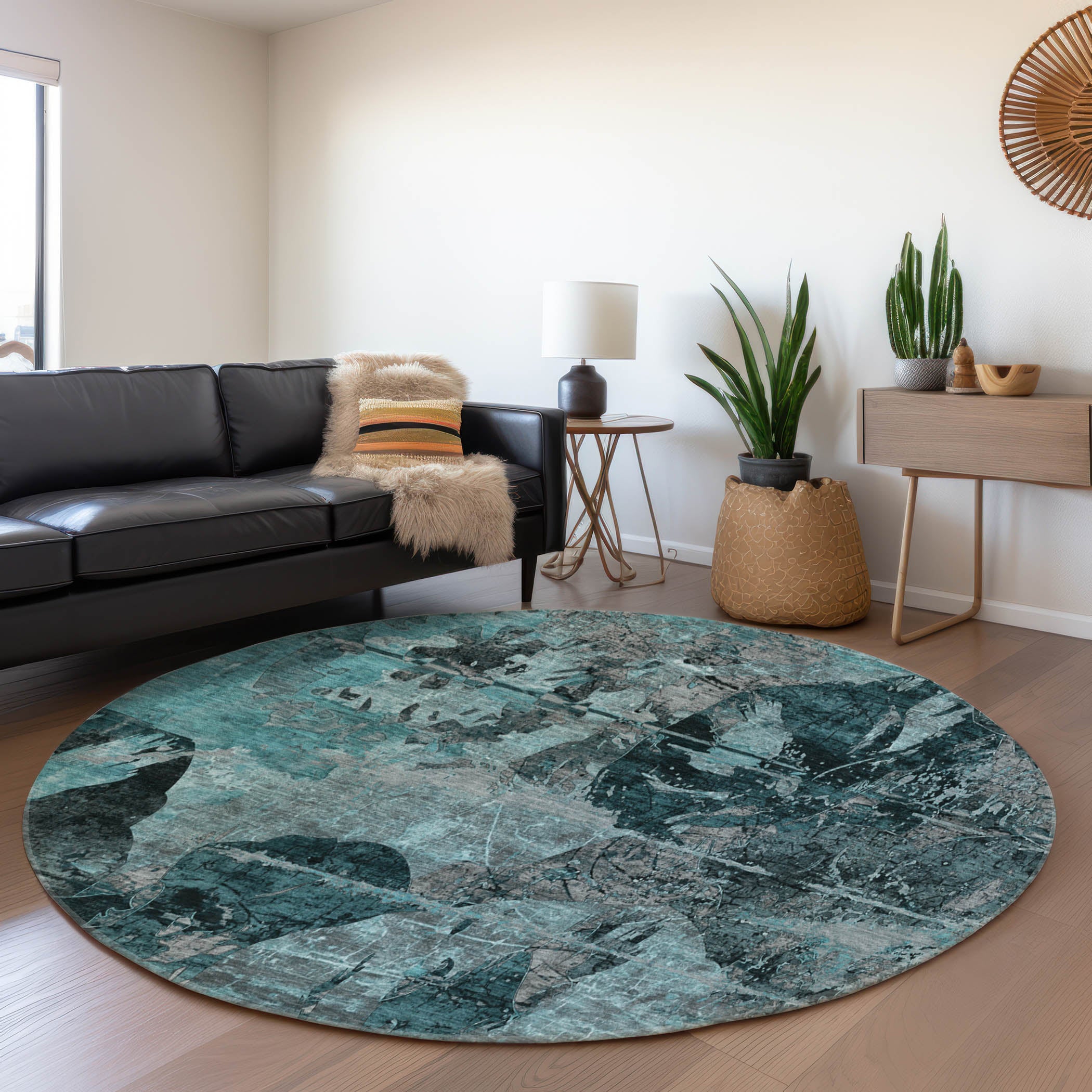 Dublin Machine Washable Transitional Teal Rug 8' x 8' #shape_Round