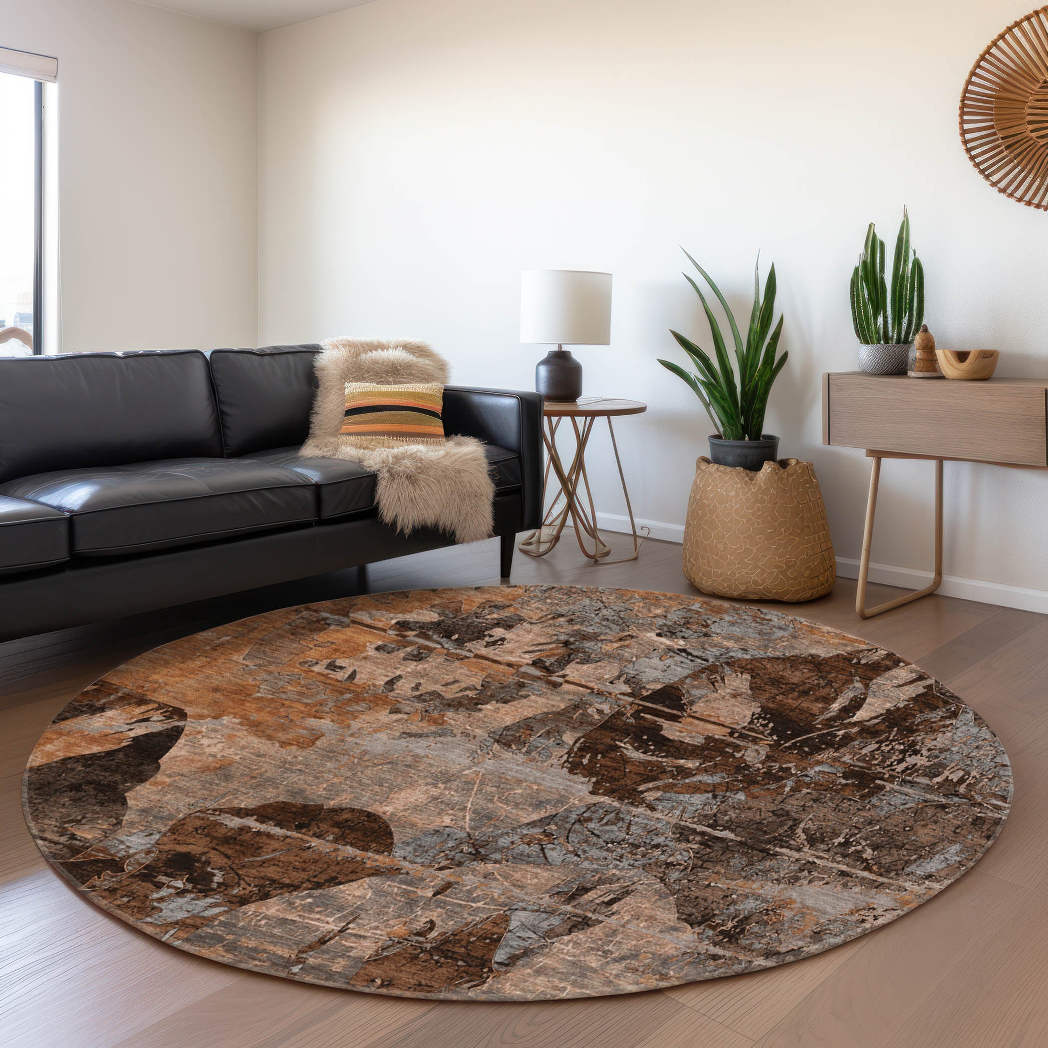 Dublin Machine Washable Transitional Terracotta Orange Rug 8' x 8' #shape_Round