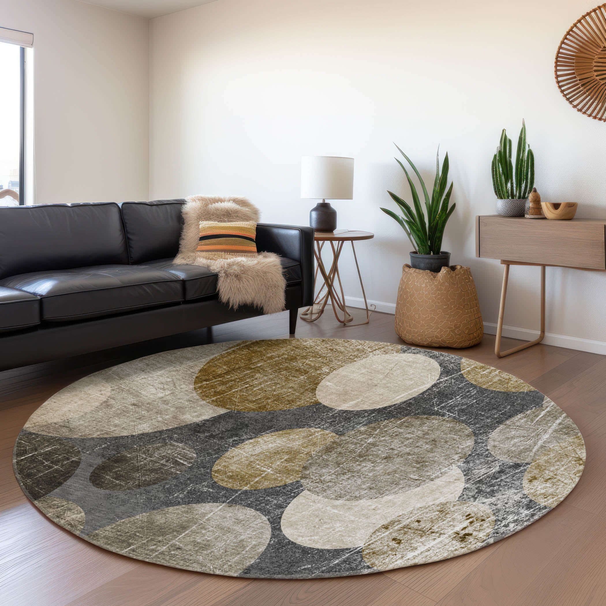 Hoi An Machine Washable Transitional Brown Rug 8' x 8' #shape_Round