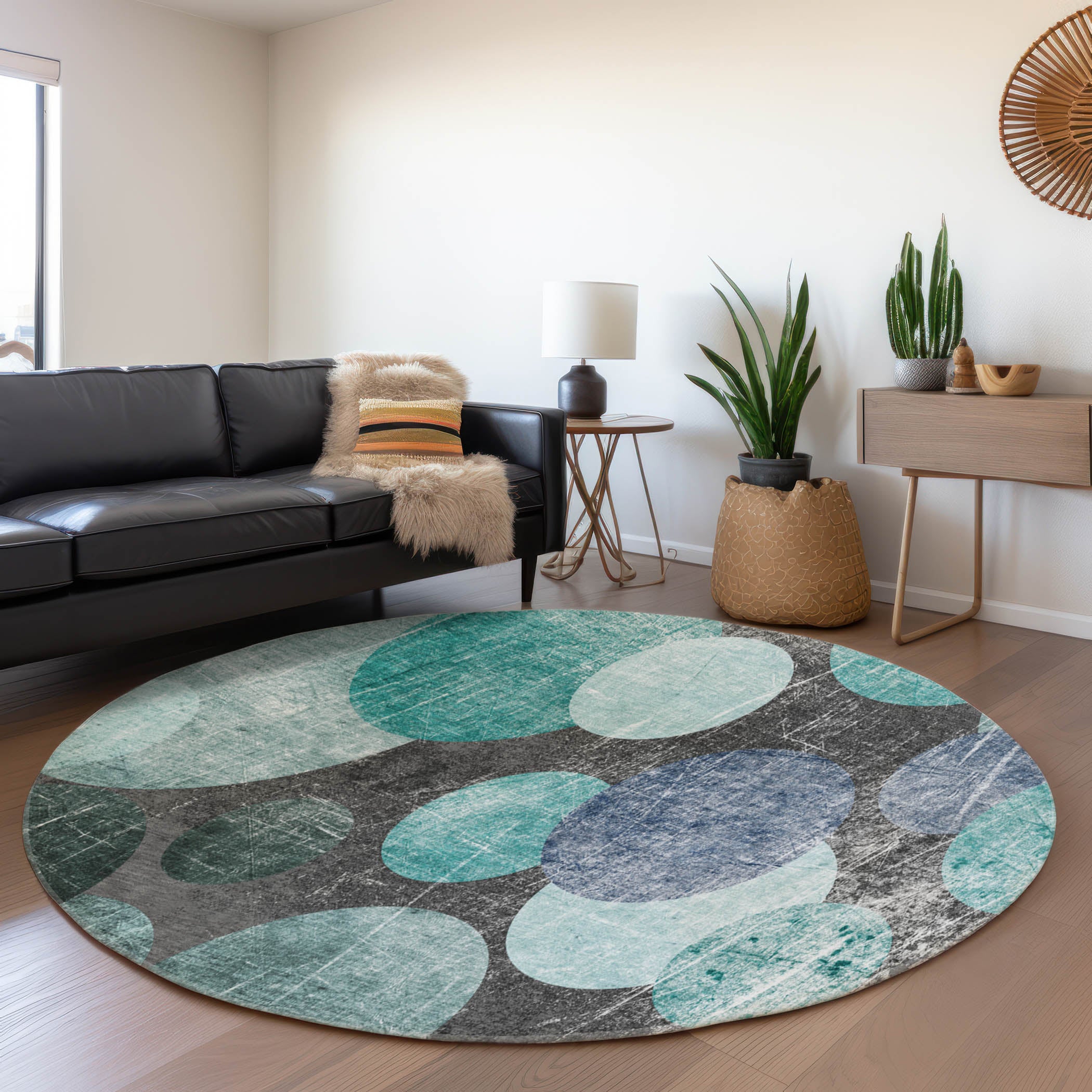 Hoi An Machine Washable Transitional Teal Rug 8' x 8' #shape_Round