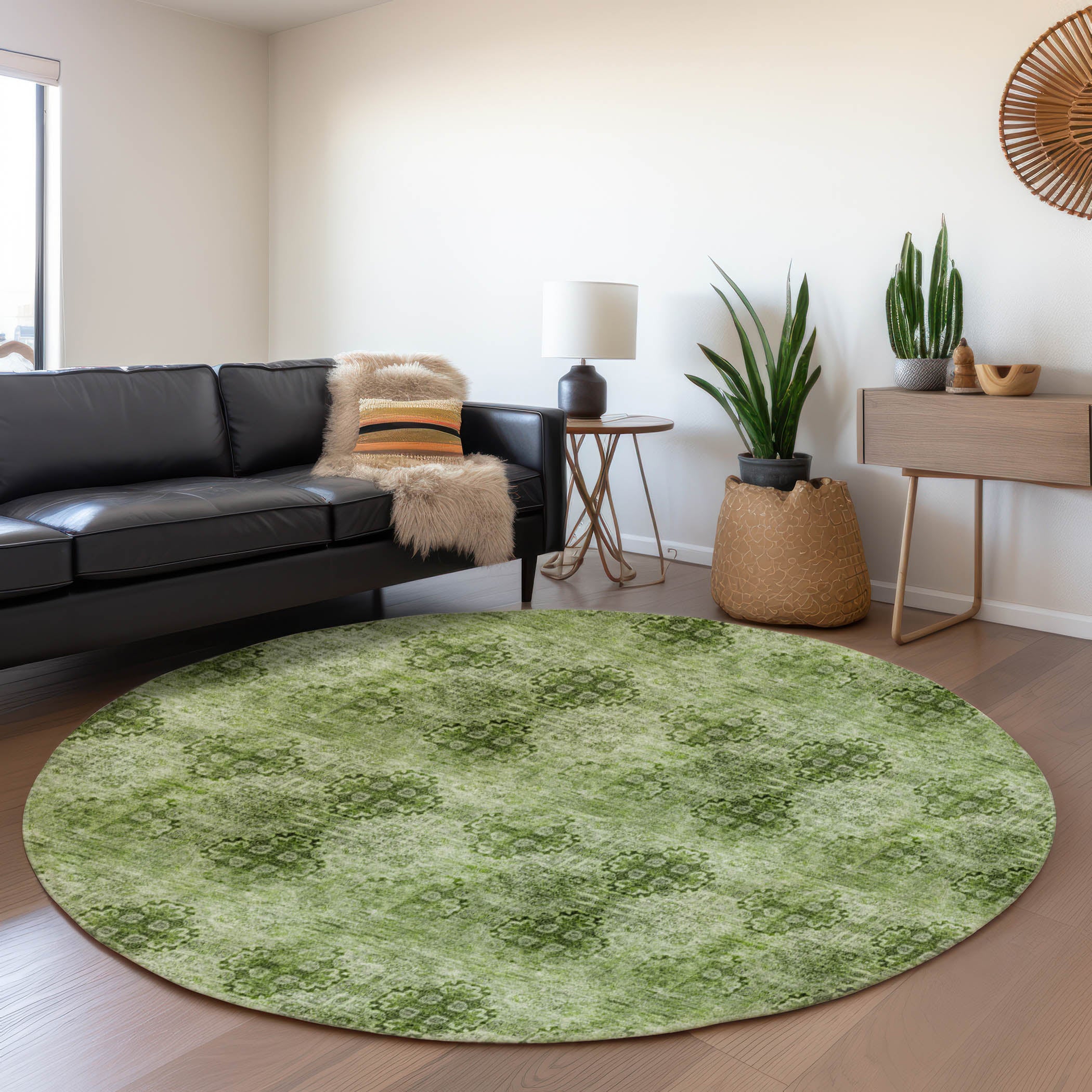 Mostar Machine Washable Transitional Olive Green Rug 8' x 8' #shape_Round