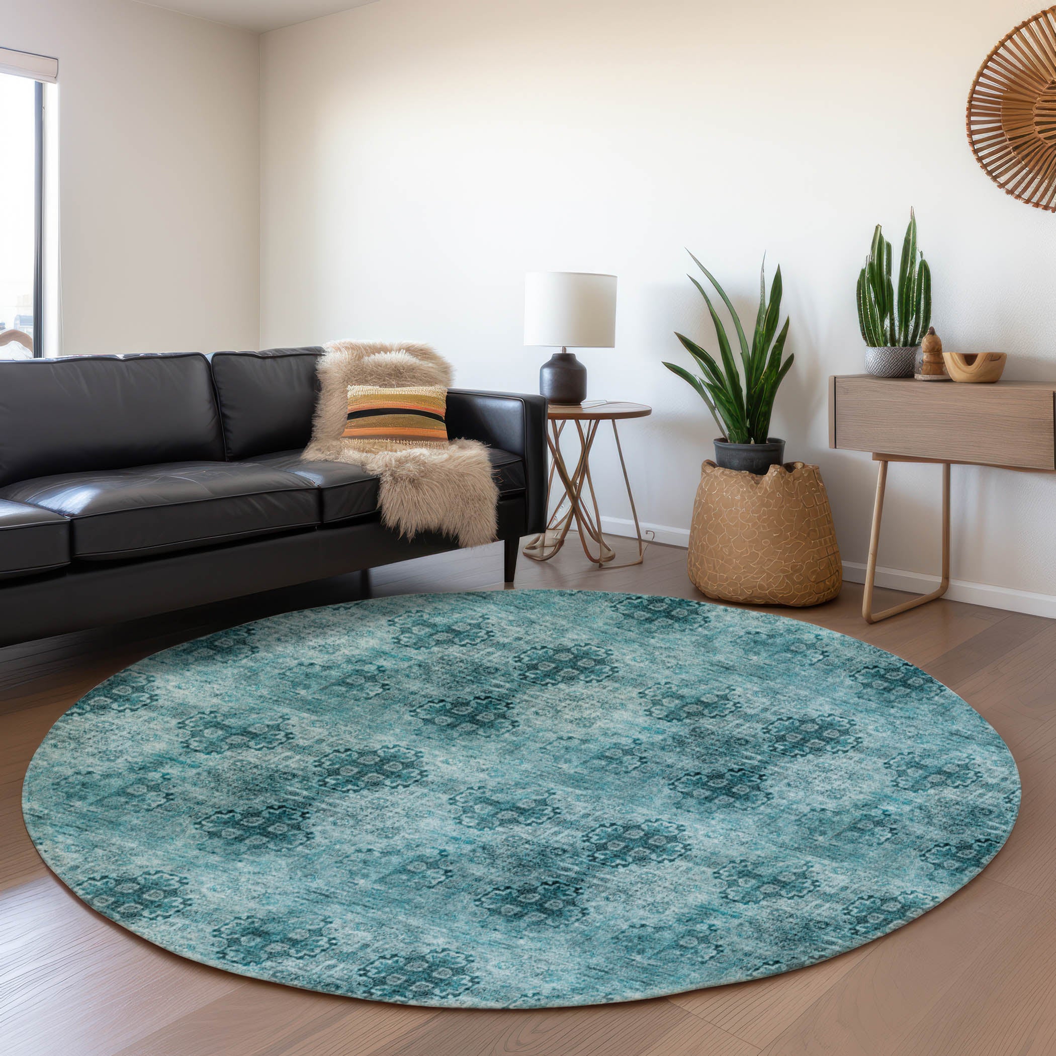 Mostar Machine Washable Transitional Teal Rug 8' x 8' #shape_Round