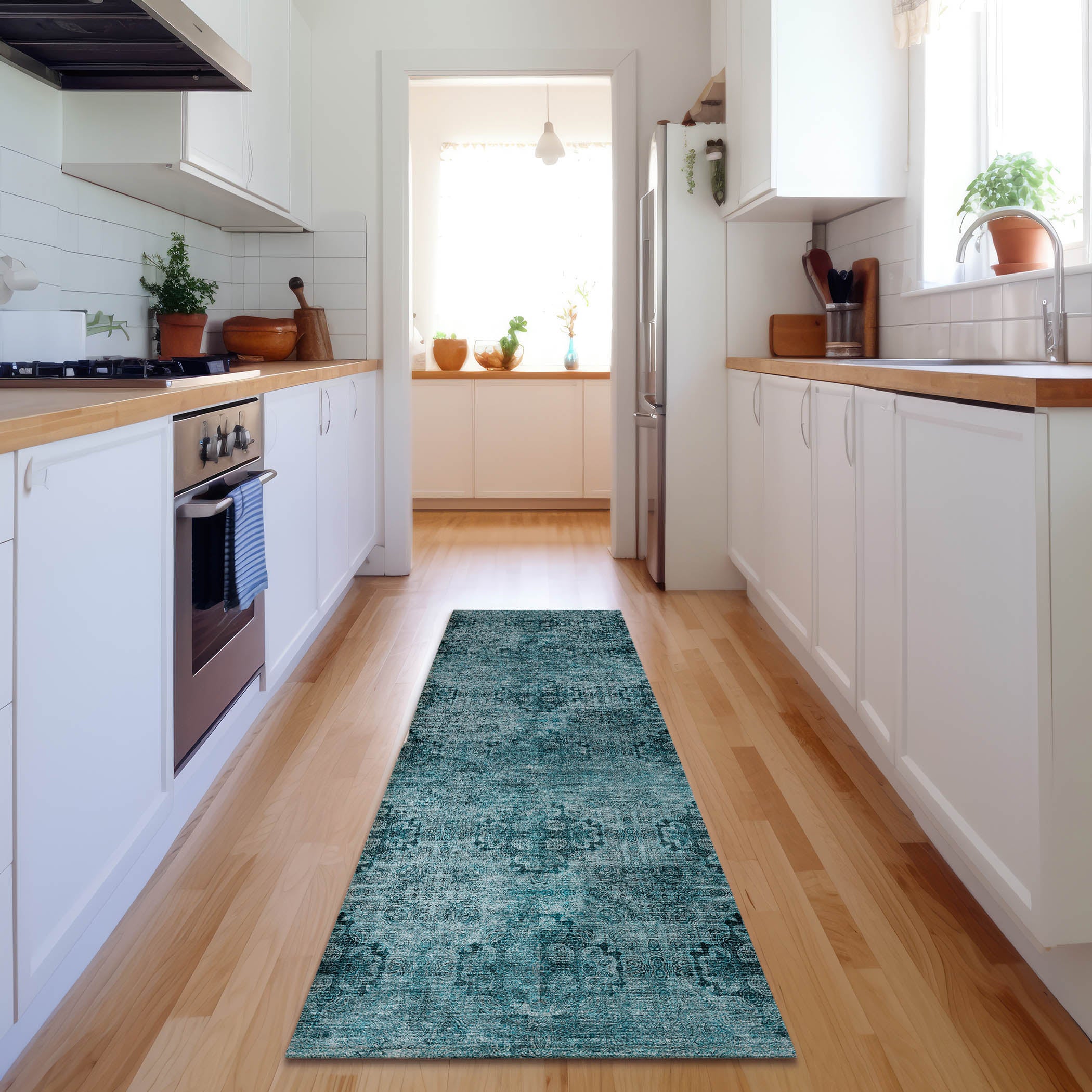 Mostar Machine Washable Transitional Teal Rug 2'3" x 7'6" #shape_Runner