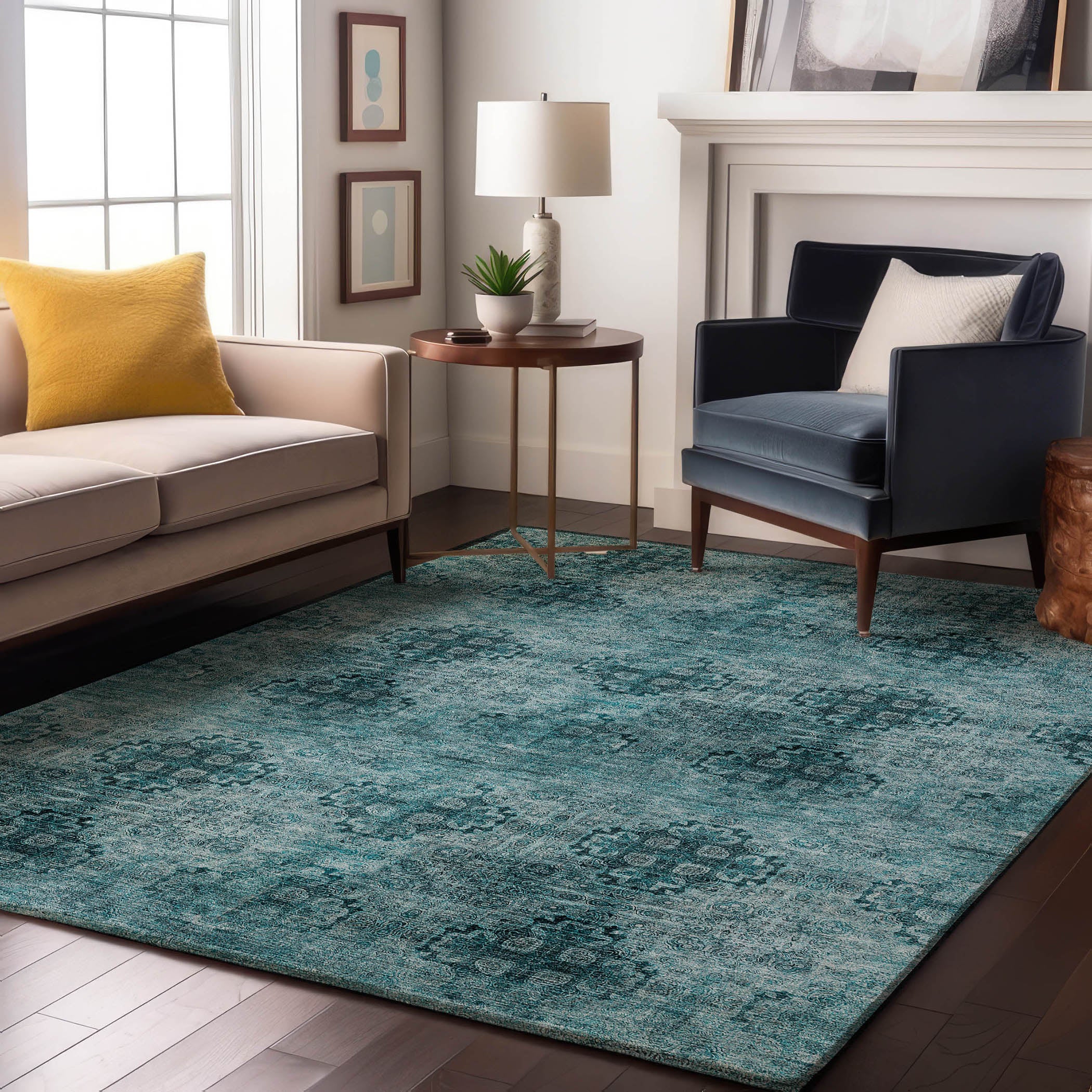 Mostar Machine Washable Transitional Teal Rug 2'6" x 3'10" #shape_Rectangle