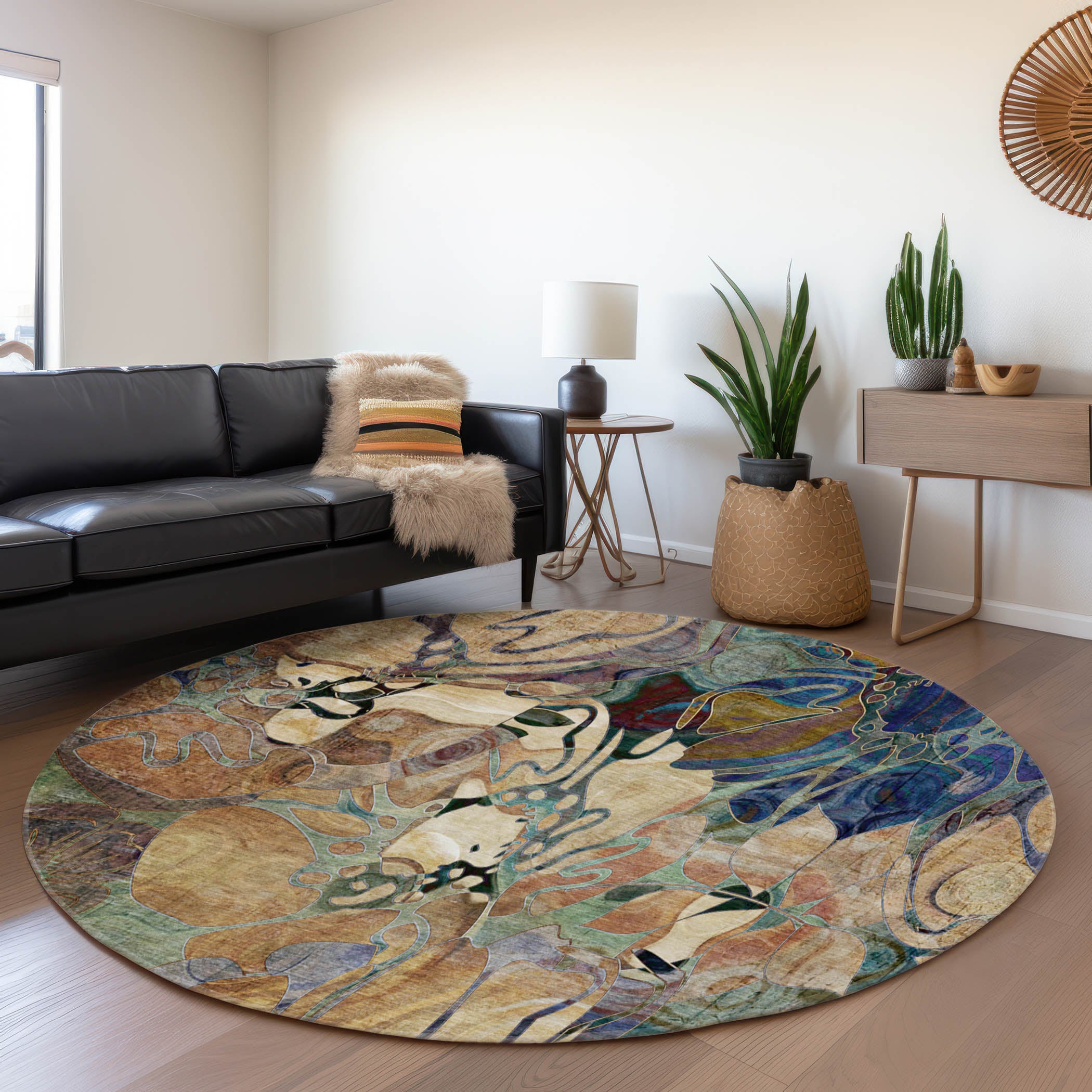 Queenstown Machine Washable Transitional Beige Brown Rug 8' x 8' #shape_Round