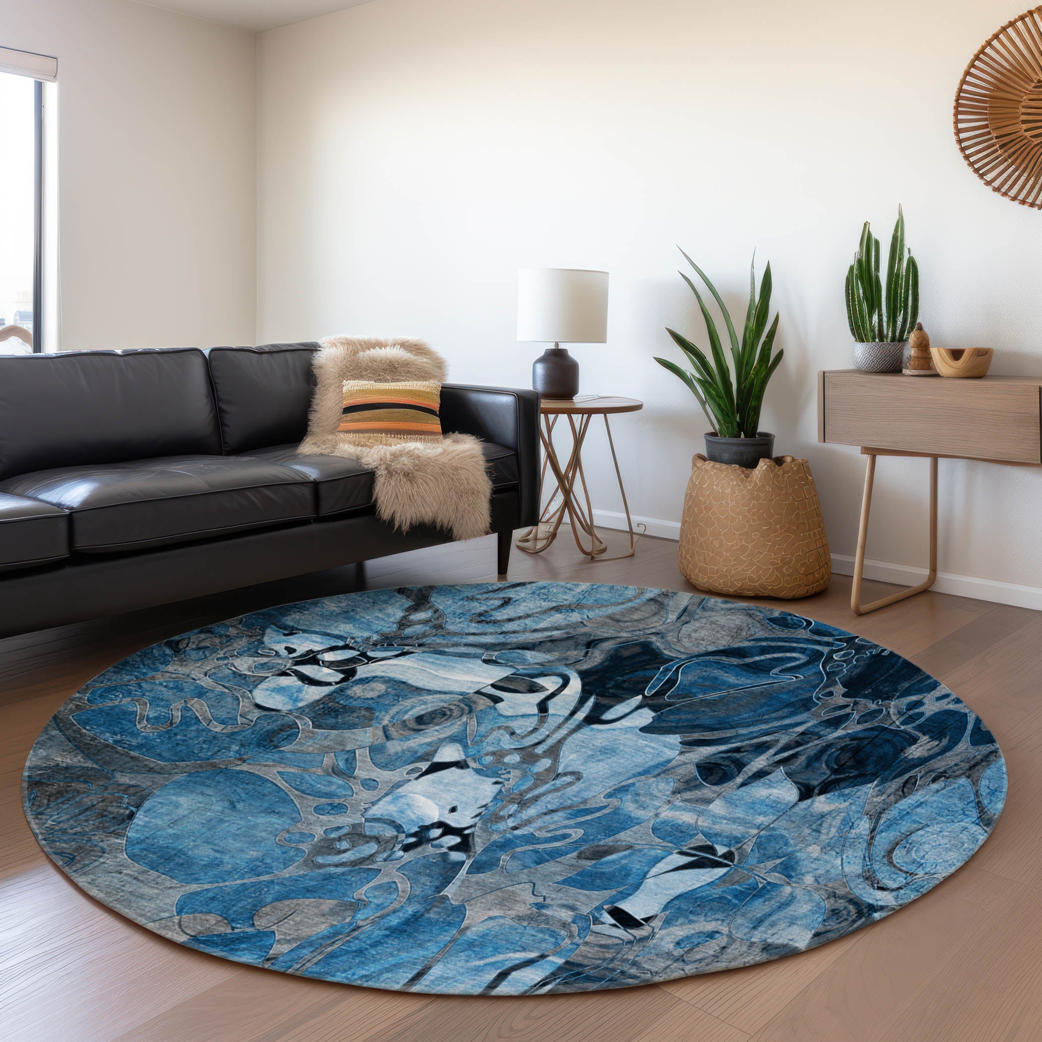 Queenstown Machine Washable Transitional Blue Rug 8' x 8' #shape_Round