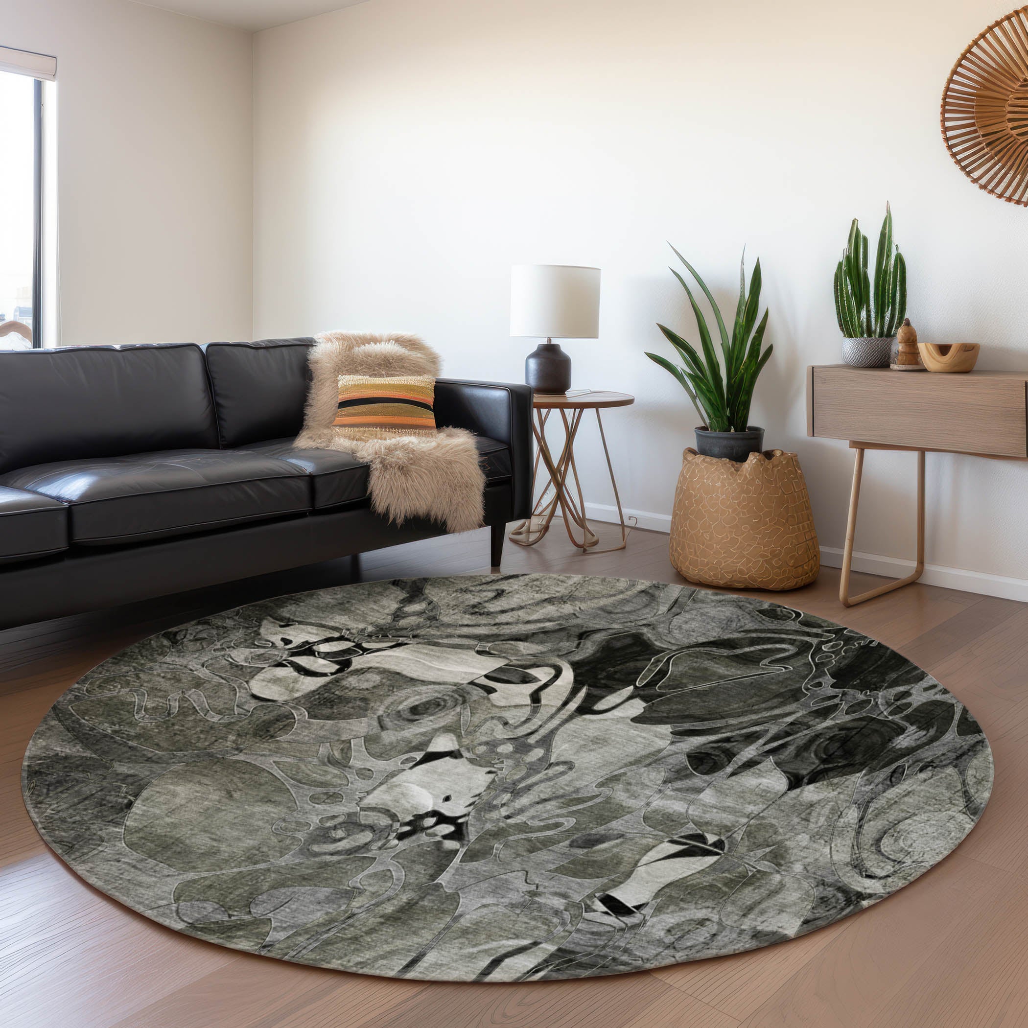 Queenstown Machine Washable Transitional Gray Rug 8' x 8' #shape_Round