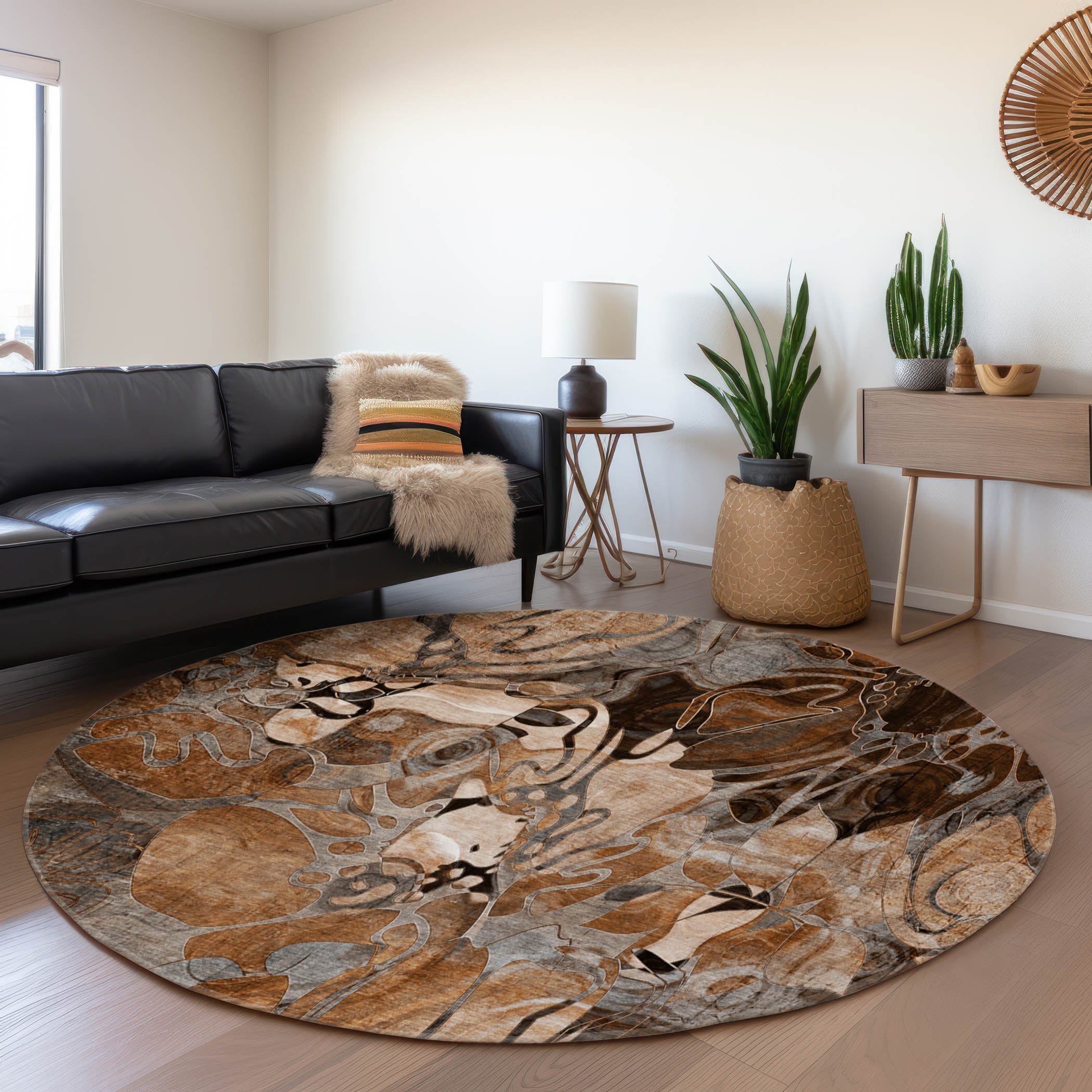 Queenstown Machine Washable Transitional Paprika Orange Rug 8' x 8' #shape_Round