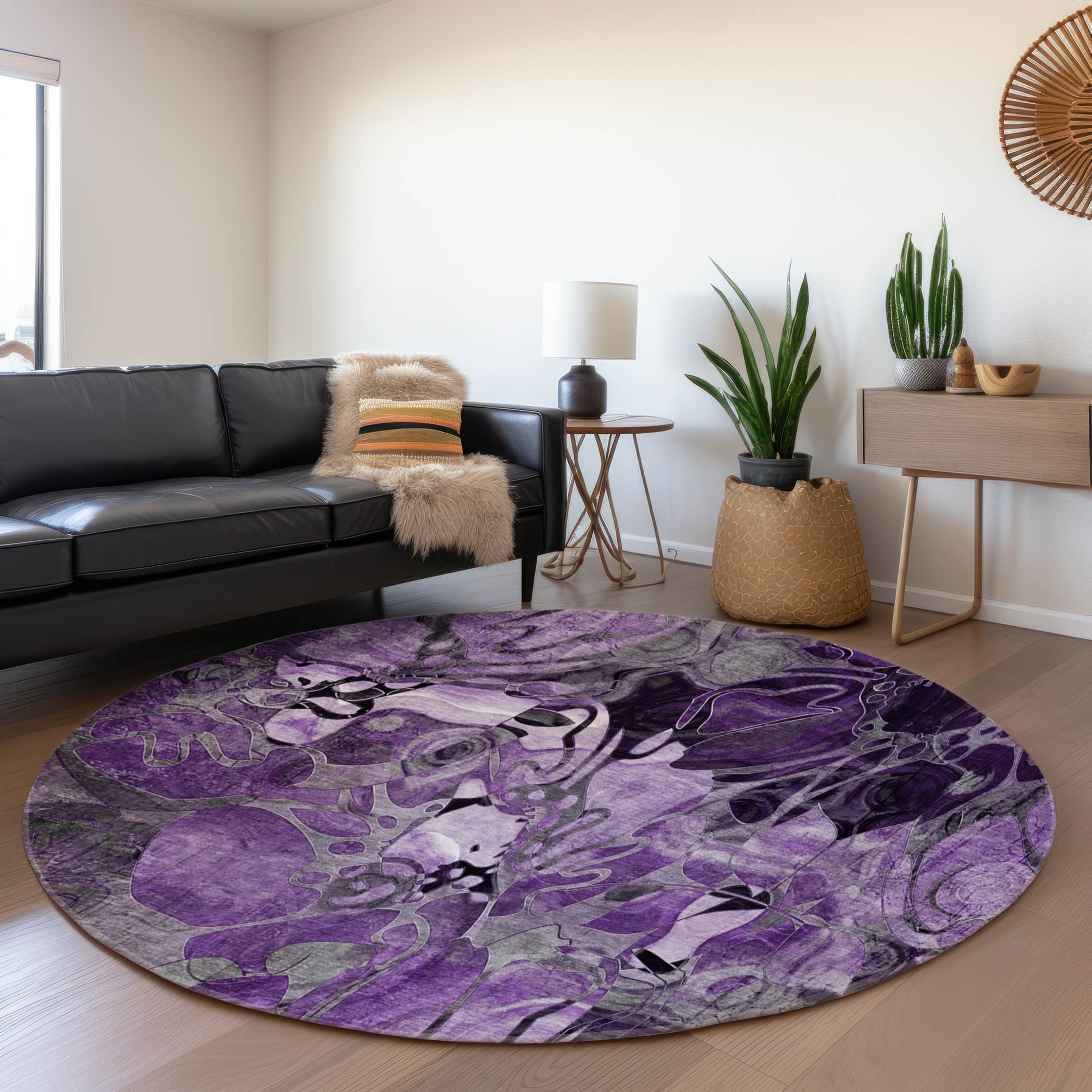 Queenstown Machine Washable Transitional Purple Rug 8' x 8' #shape_Round