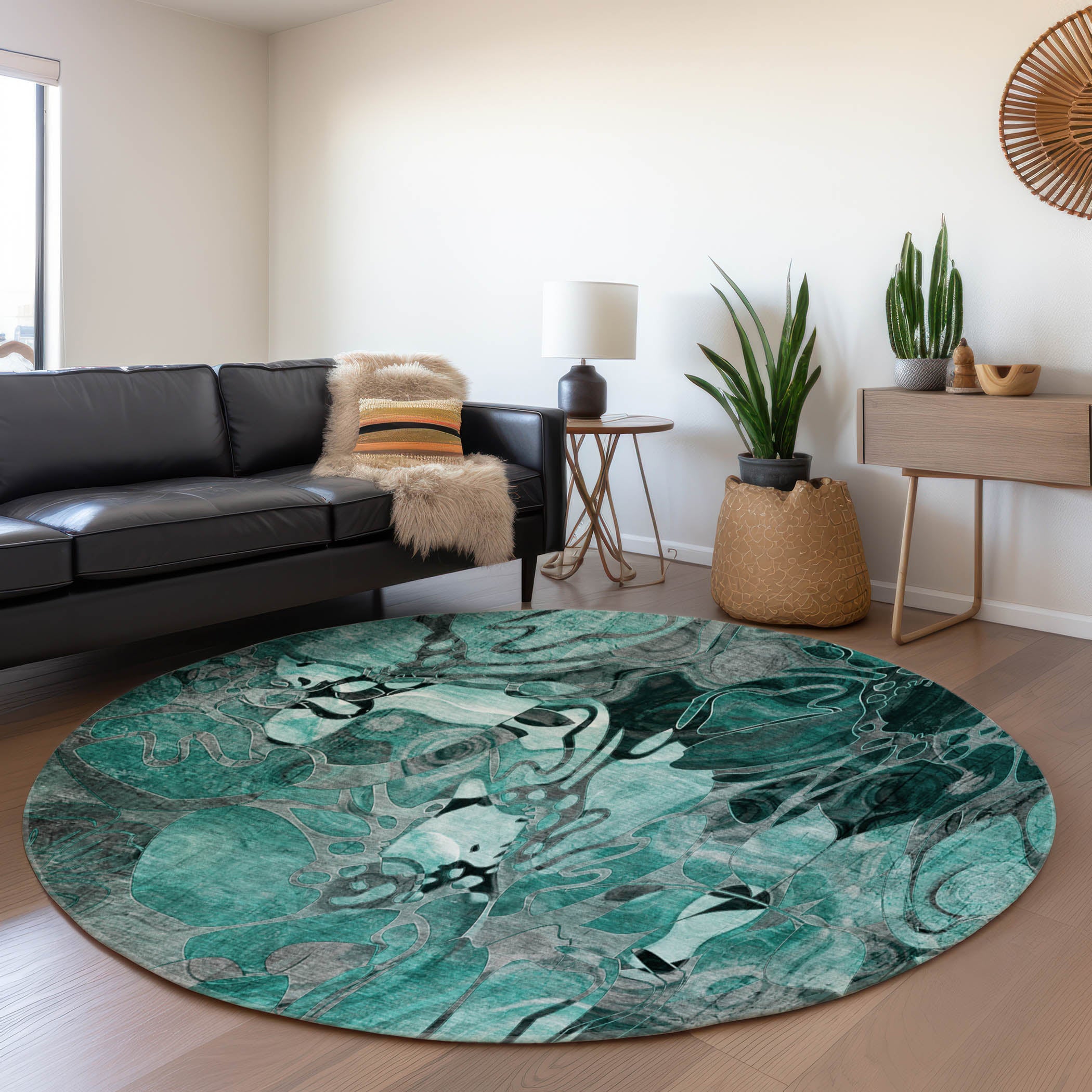 Queenstown Machine Washable Transitional Teal Rug 8' x 8' #shape_Round