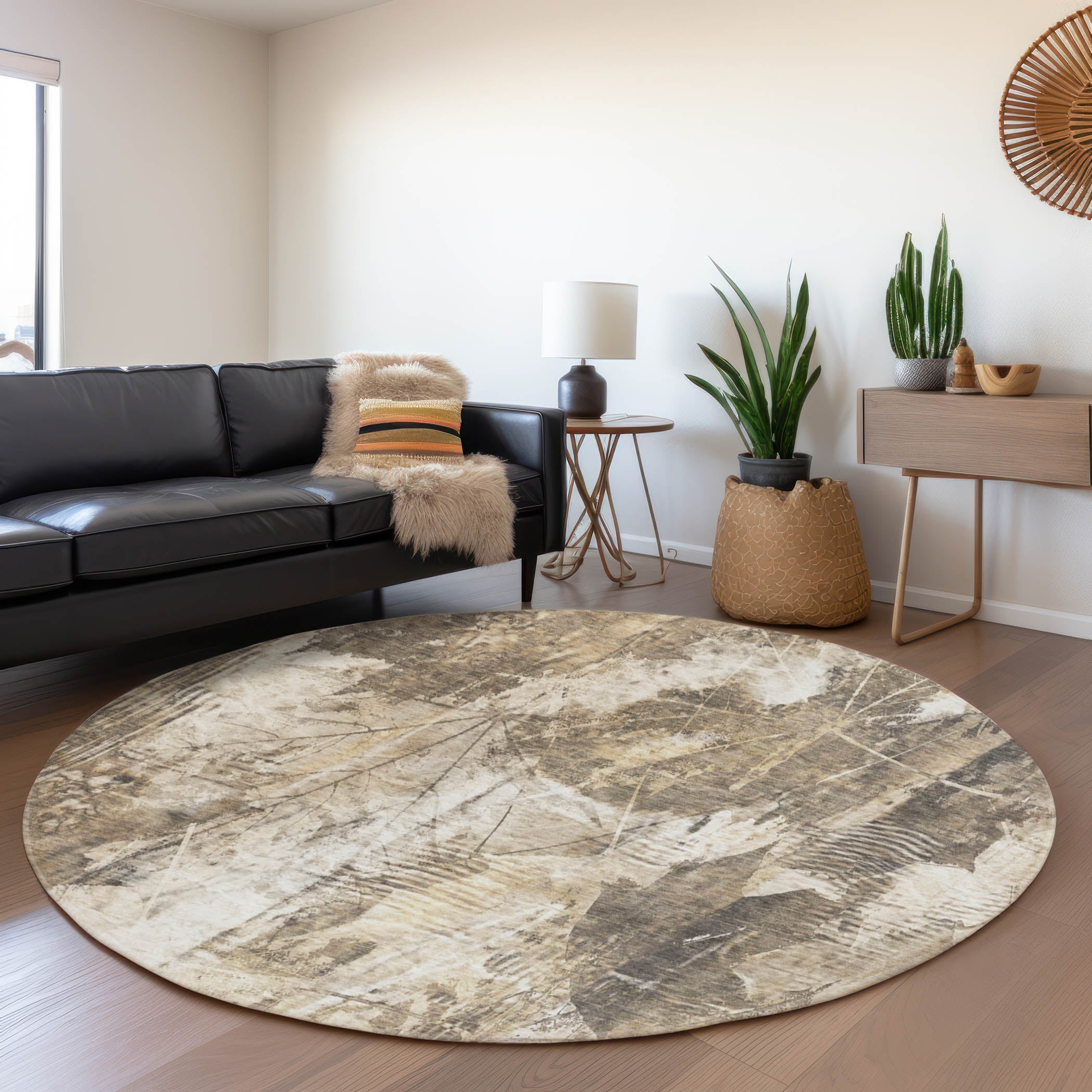 Kyoto Machine Washable Transitional Beige Brown Rug 8' x 8' #shape_Round