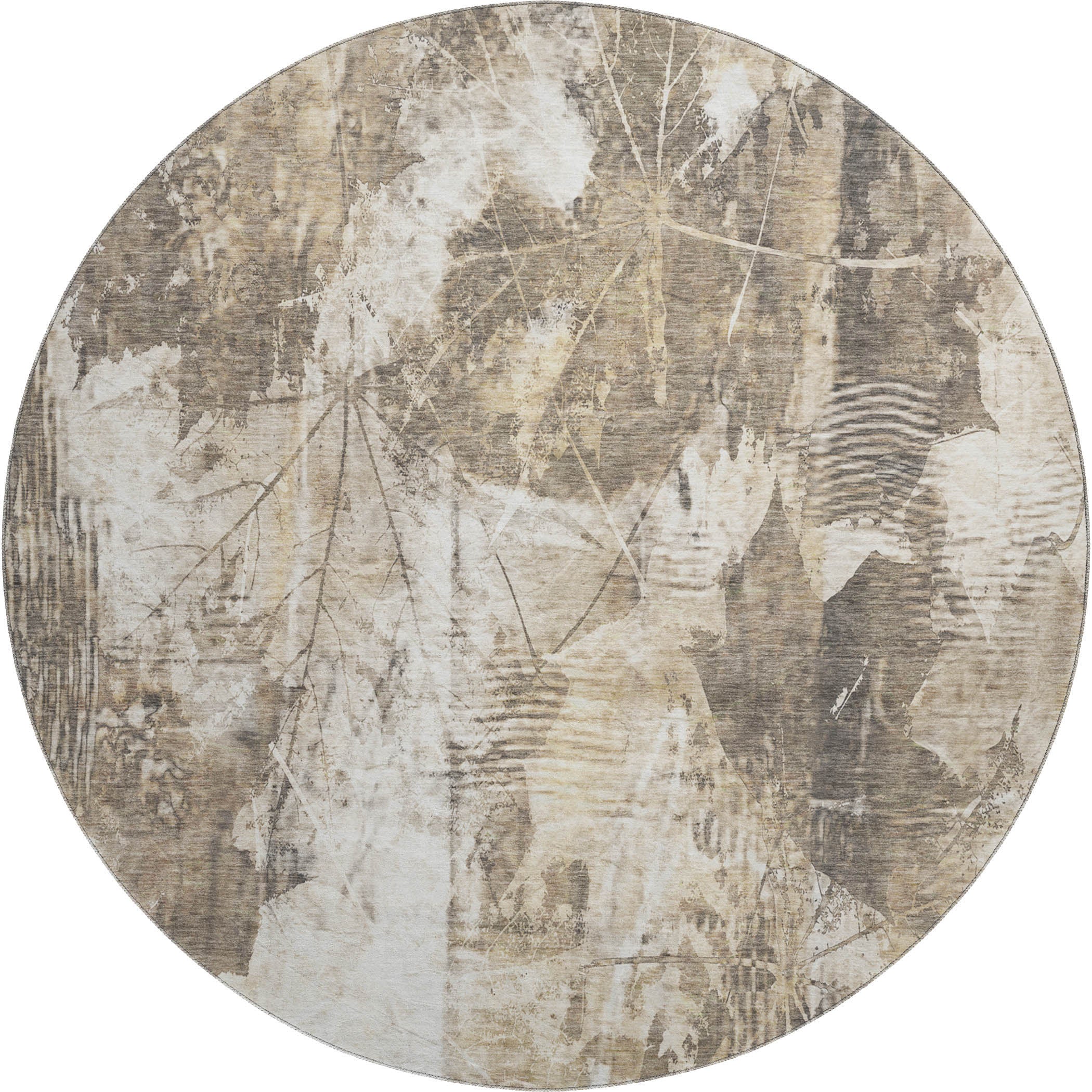 Kyoto Machine Washable Transitional Beige Brown Rug 8' x 8' #shape_Round