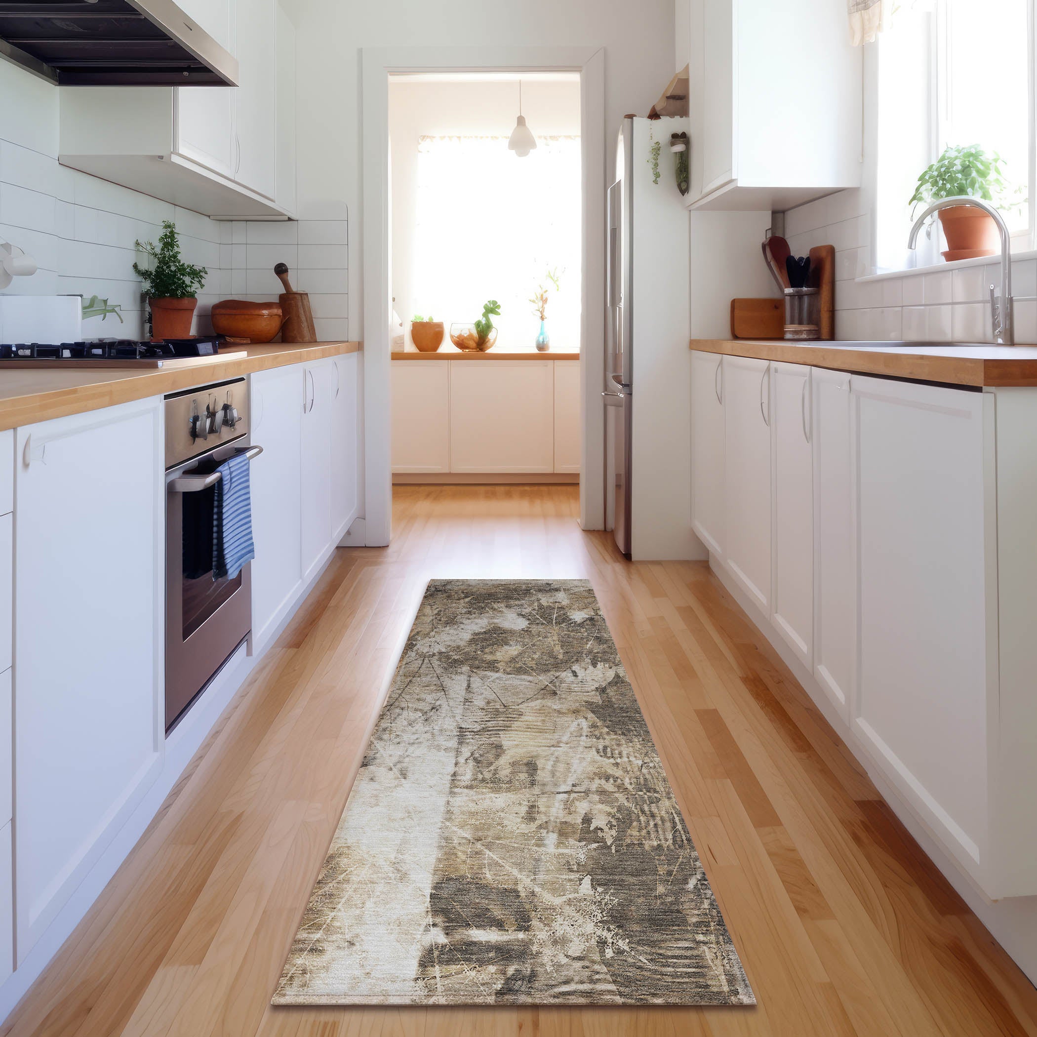 Kyoto Machine Washable Transitional Beige Brown Rug 2'3" x 7'6" #shape_Runner