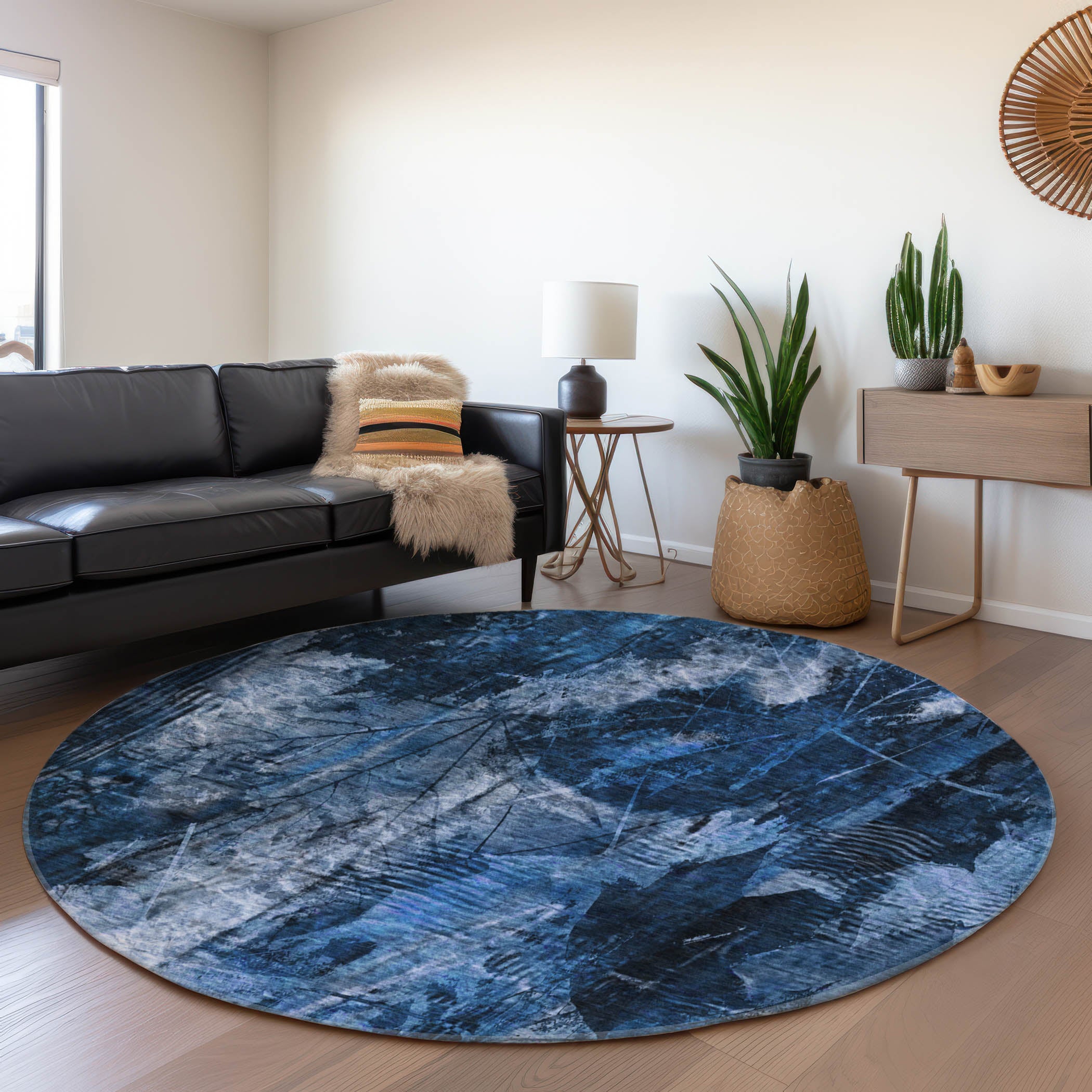 Kyoto Machine Washable Transitional Navy Blue Rug 8' x 8' #shape_Round