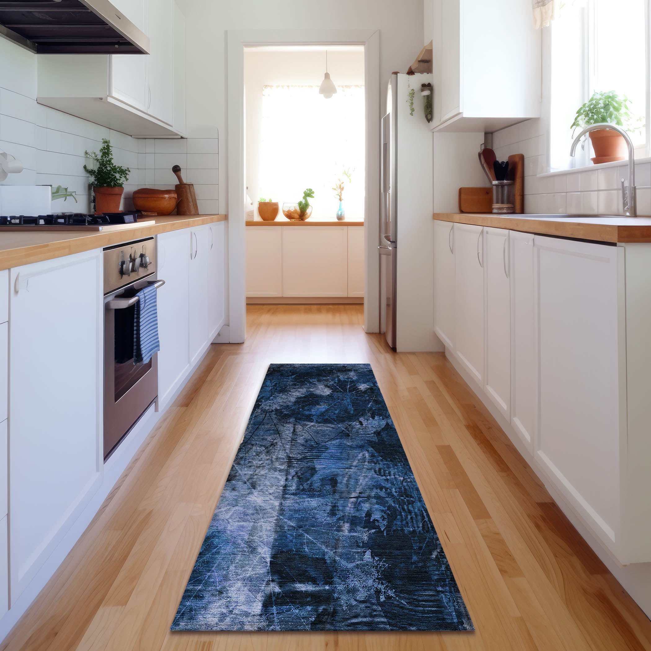 Kyoto Machine Washable Transitional Navy Blue Rug 2'3" x 7'6" #shape_Runner
