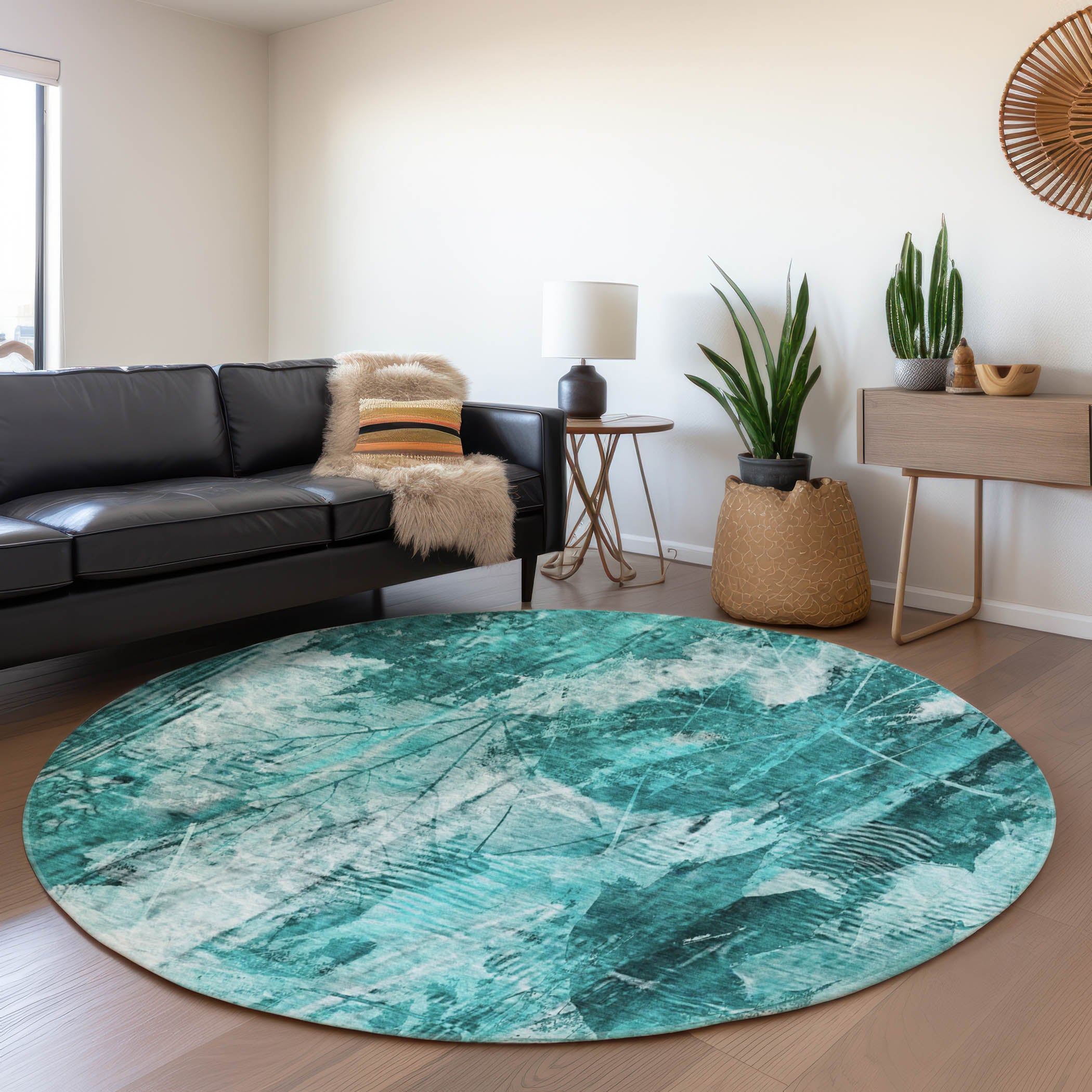 Kyoto Machine Washable Transitional Teal Rug 8' x 8' #shape_Round