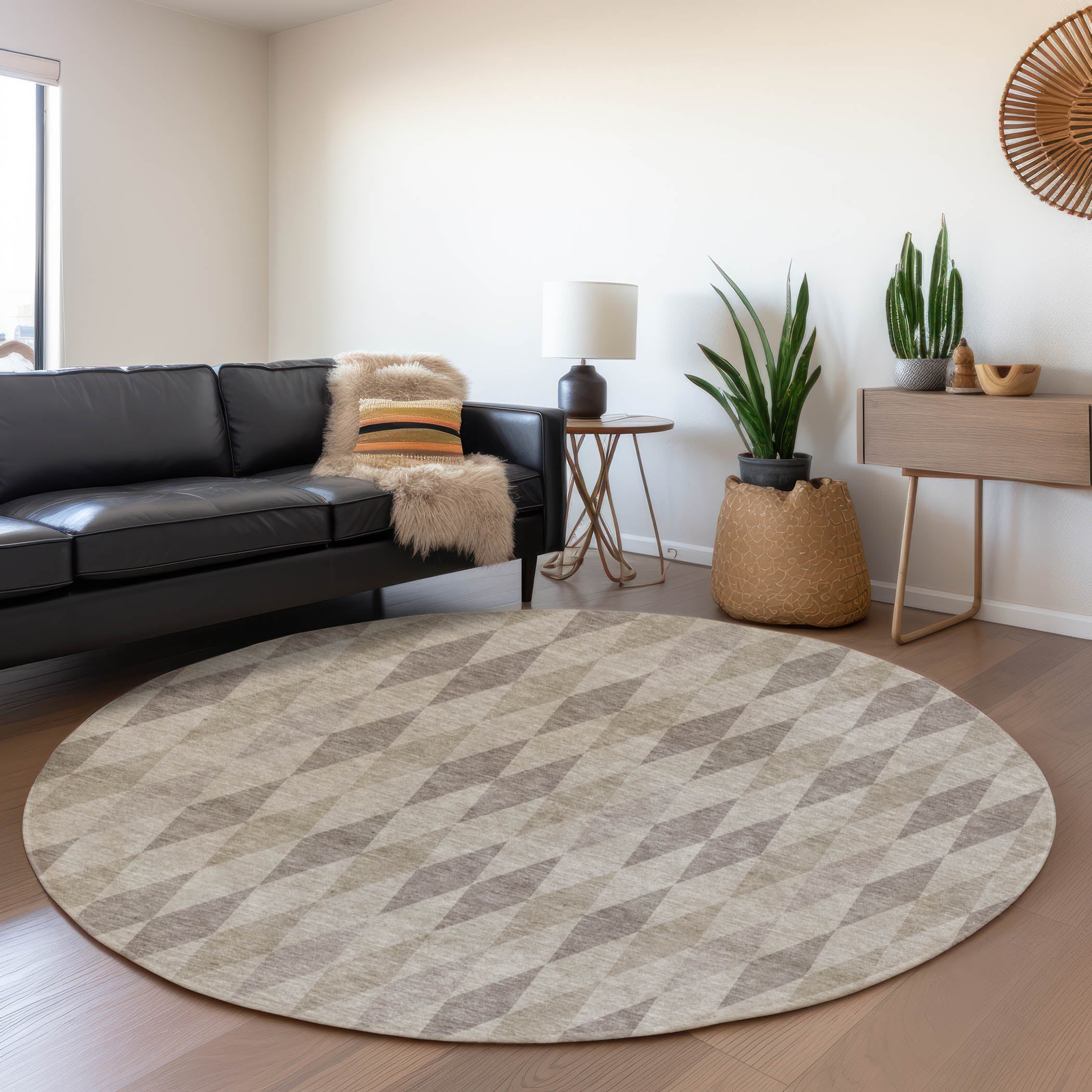 Kathmandu Machine Washable Transitional Beige Brown Rug 8' x 8' #shape_Round