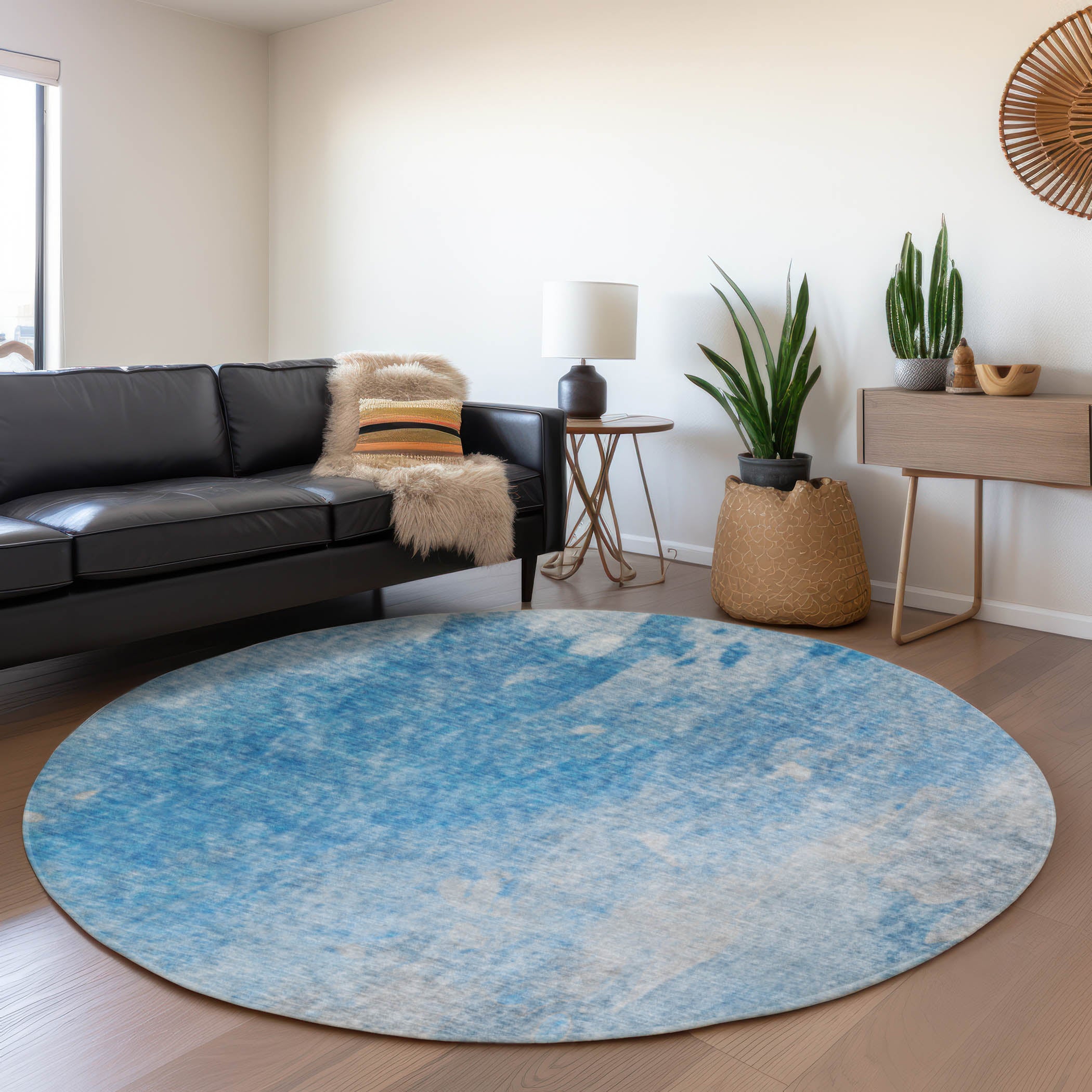 Mdina Machine Washable Transitional Blue Rug 8' x 8' #shape_Round