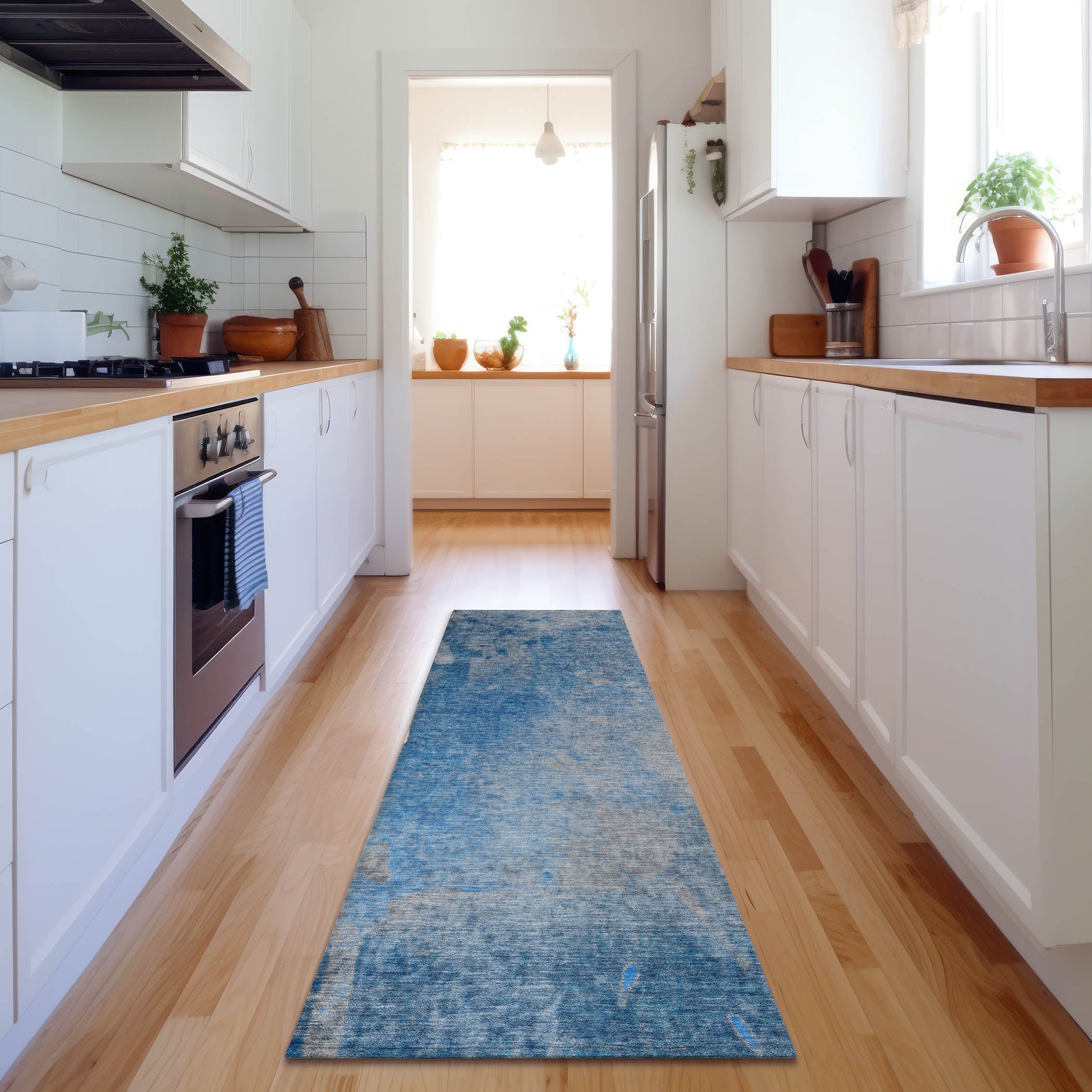 Mdina Machine Washable Transitional Blue Rug 2'3" x 7'6" #shape_Runner