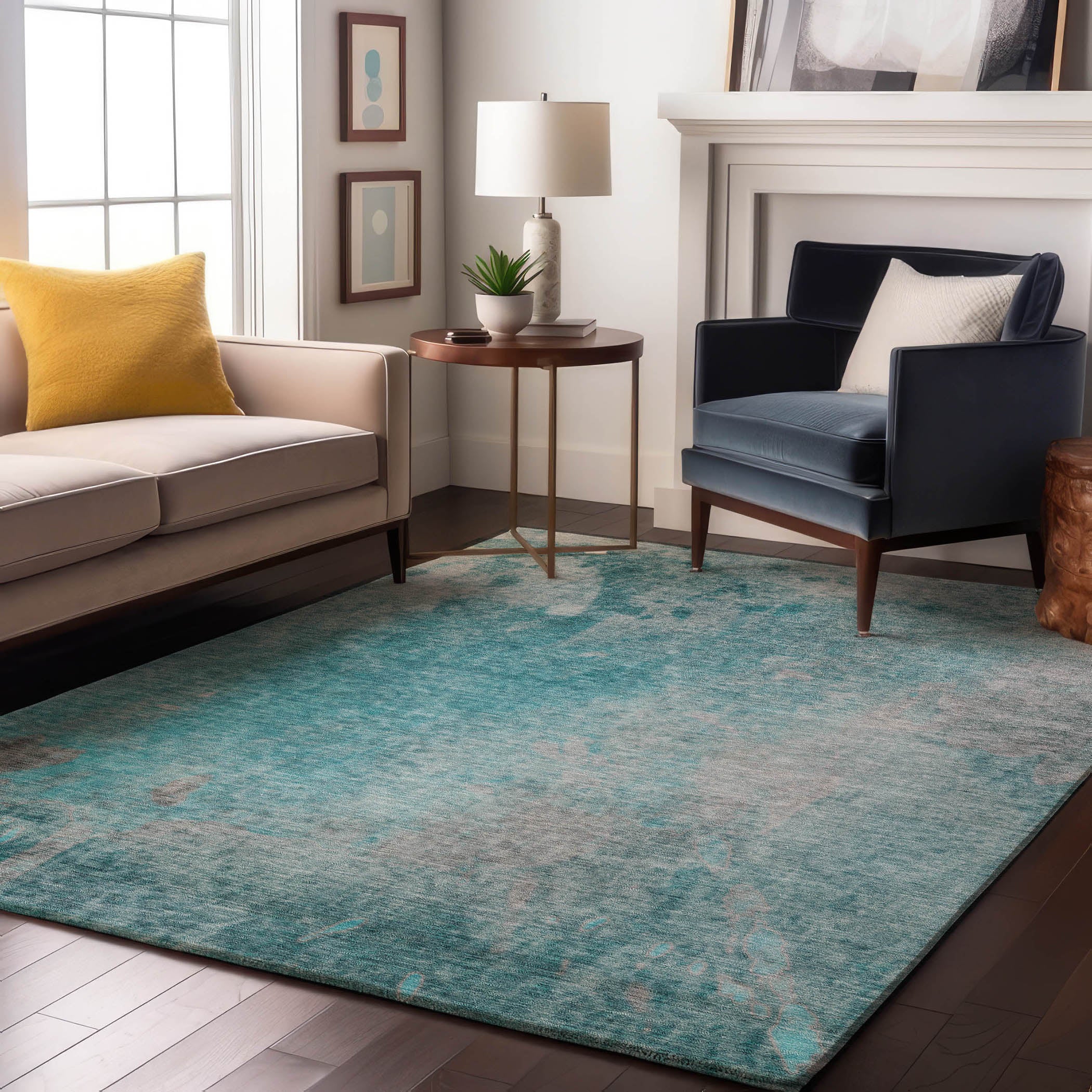 Mdina Machine Washable Transitional Teal Rug 2'6" x 3'10" #shape_Rectangle