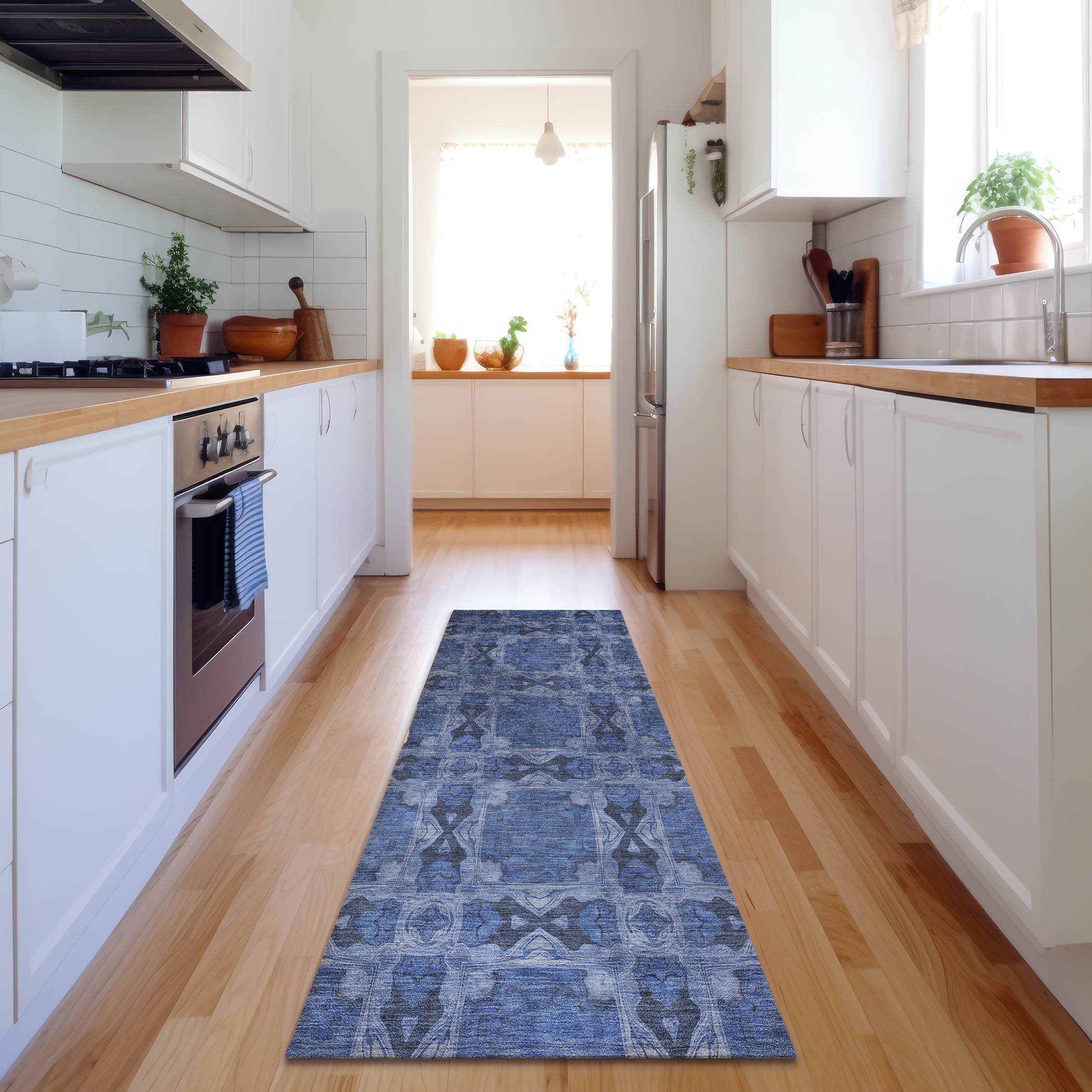 Hoi An Machine Washable Transitional Denim Blue Rug 2'3" x 7'6" #shape_Runner