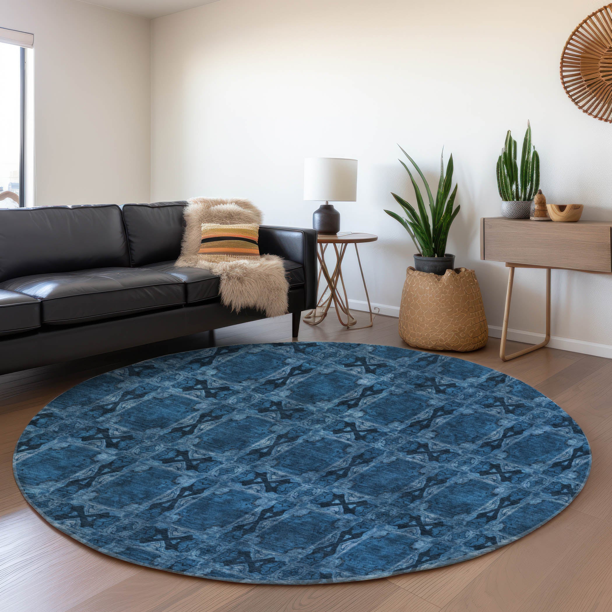 Hoi An Machine Washable Transitional Navy Blue Rug 8' x 8' #shape_Round