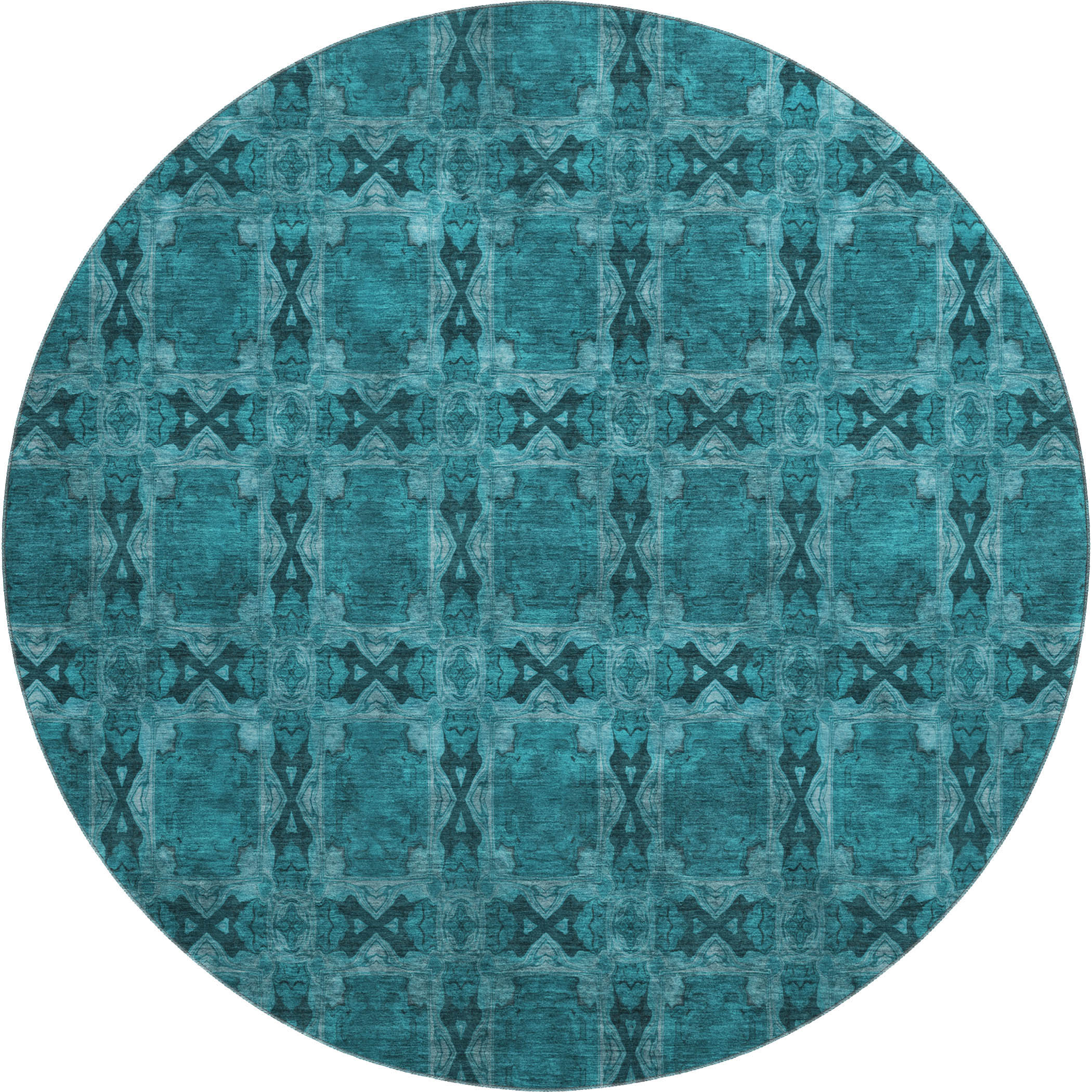 Hoi An Machine Washable Transitional Teal Rug 8' x 8' #shape_Round