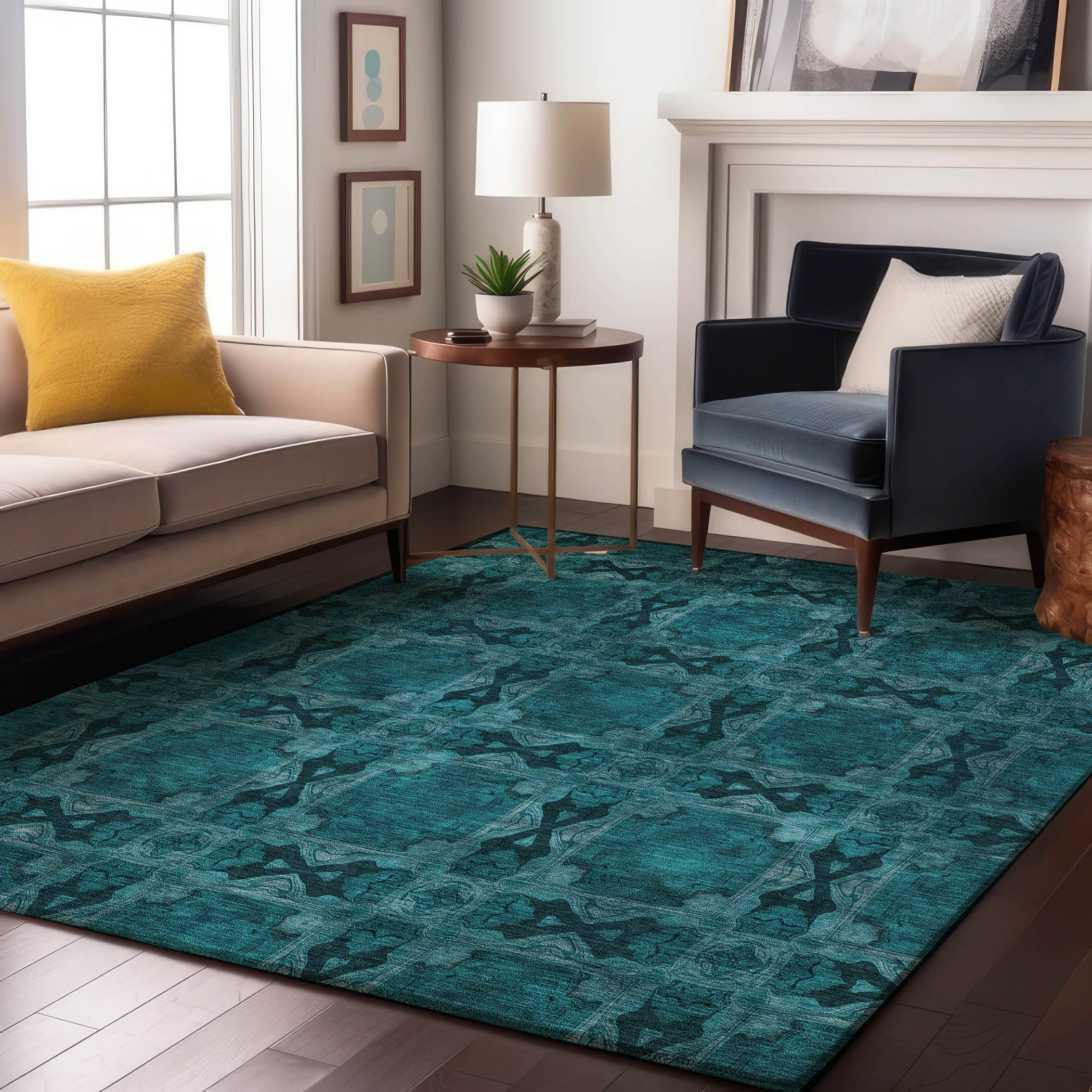 Hoi An Machine Washable Transitional Teal Rug 2'6" x 3'10" #shape_Rectangle