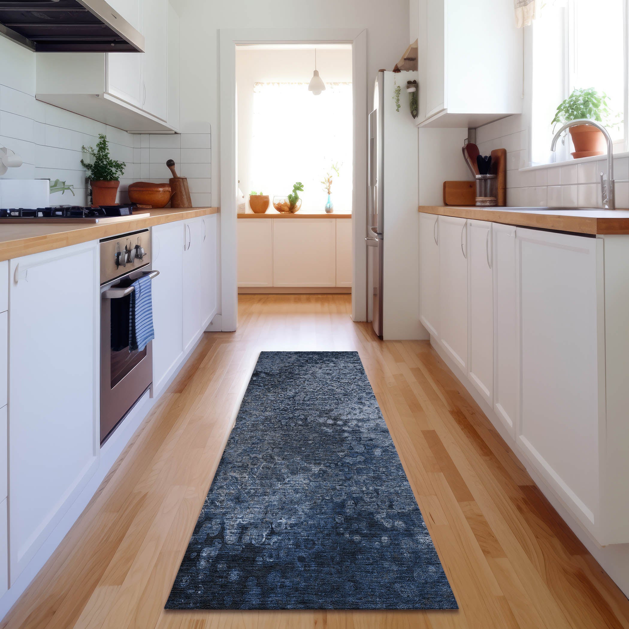 Kotor Machine Washable Transitional Blue Rug 2'3" x 7'6" #shape_Runner