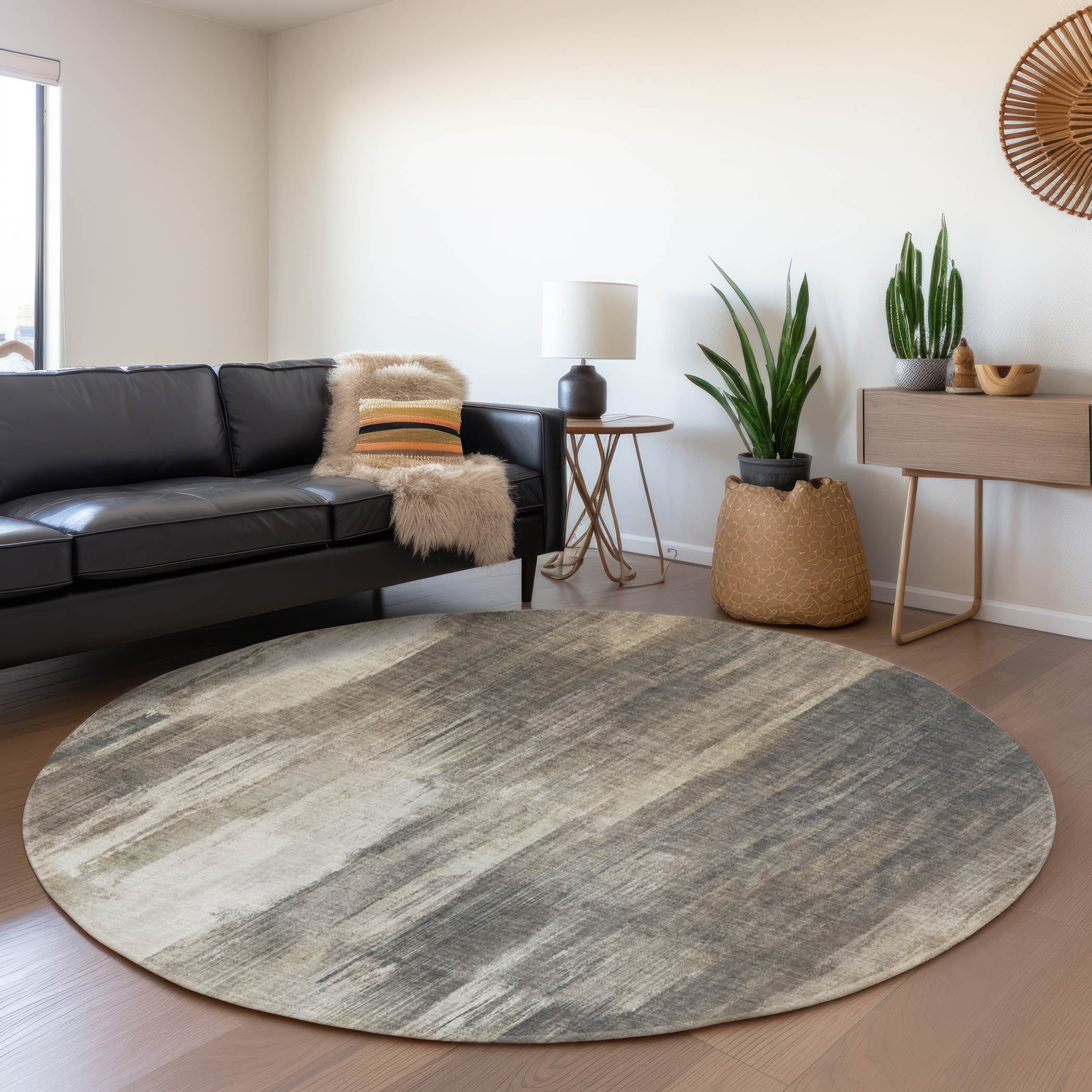 Reykjavik Machine Washable Transitional Taupe Brown Rug 8' x 8' #shape_Round