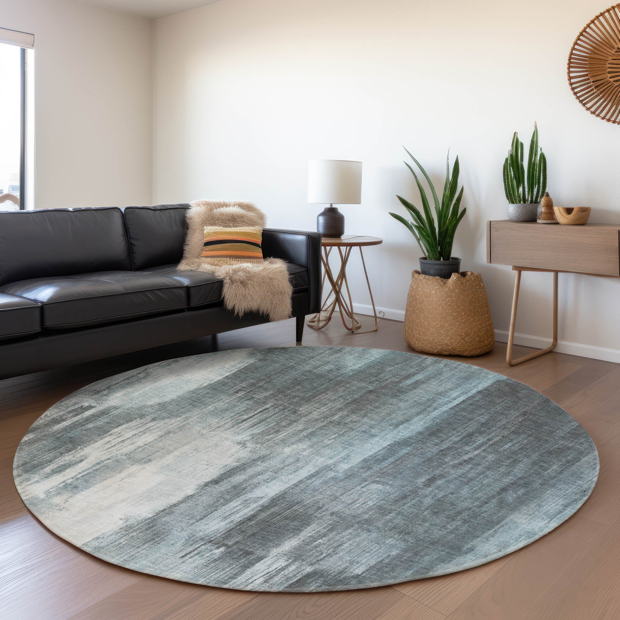 Reykjavik Machine Washable Transitional Teal Rug 8' x 8' #shape_Round