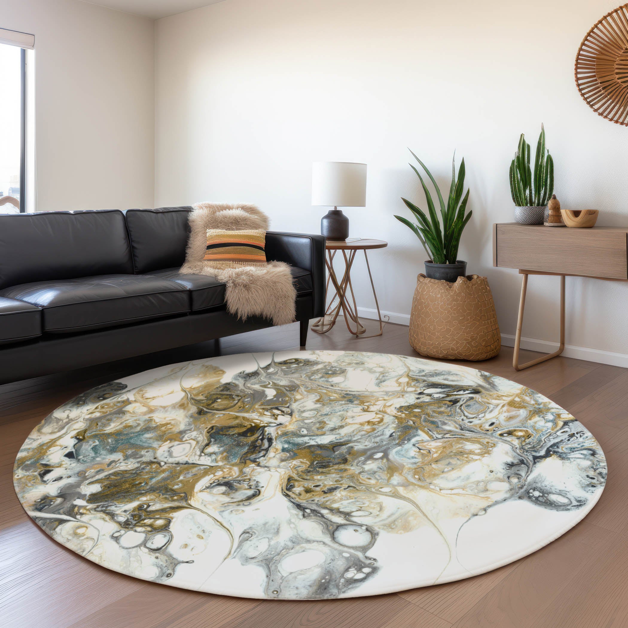 Lima Machine Washable Contemporary Smoke Neutral Rug 8' x 8' #shape_Round