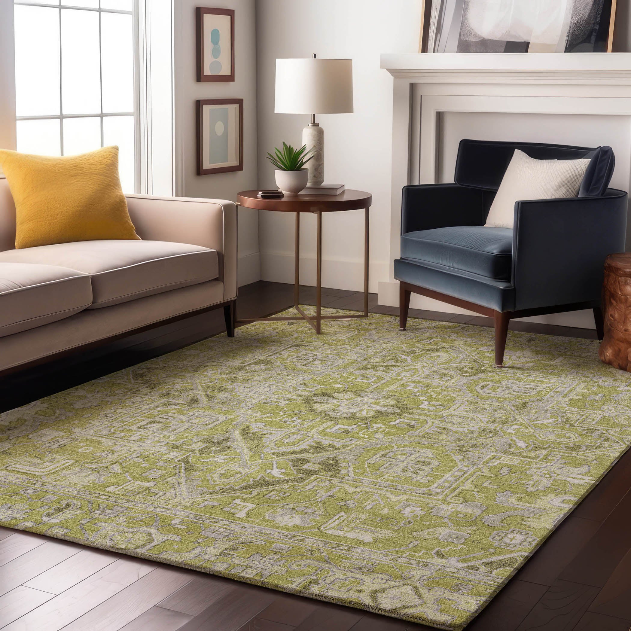 Bern Machine Washable Traditional Aloe Green Rug 2'6" x 3'10" #shape_Rectangle
