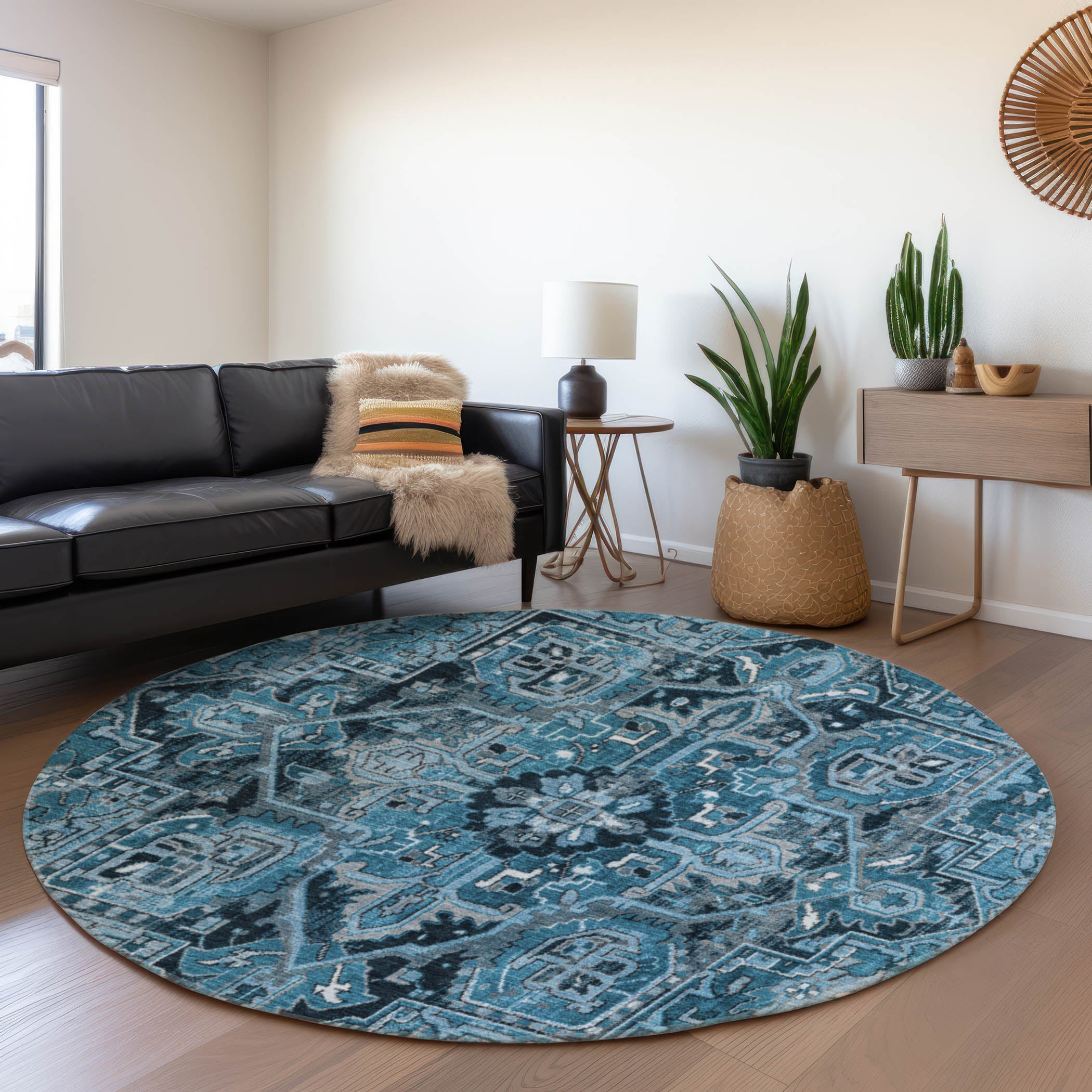 Bern Machine Washable Traditional Blue Rug 8' x 8' #shape_Round