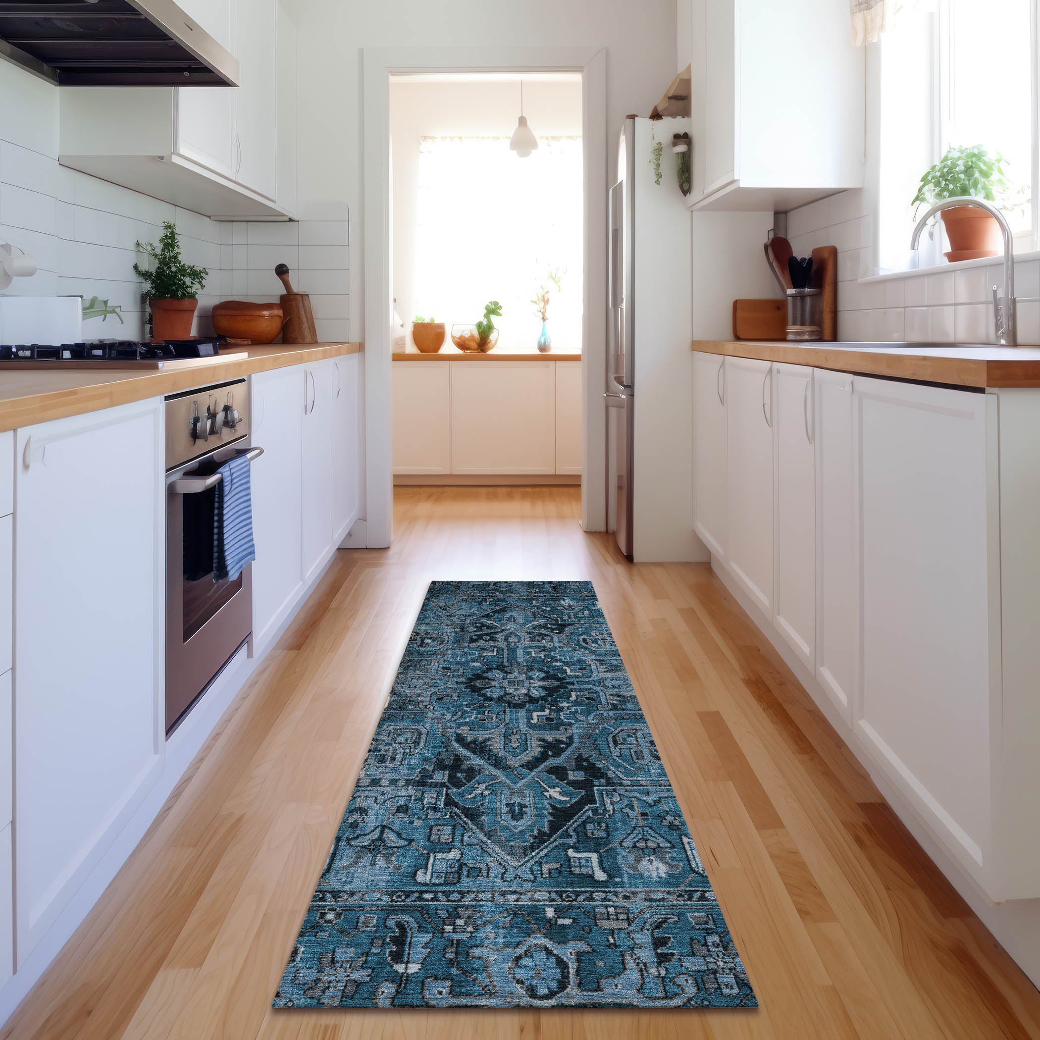 Bern Machine Washable Traditional Blue Rug 2'3" x 7'6" #shape_Runner