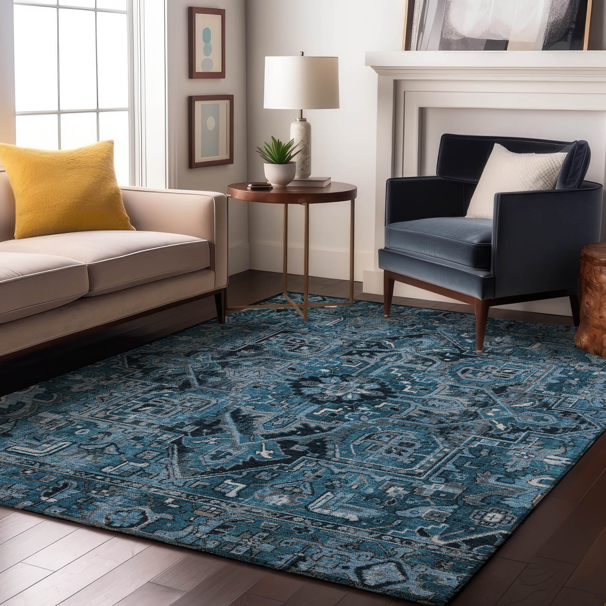 Bern Machine Washable Traditional Blue Rug 2'6" x 3'10" #shape_Rectangle