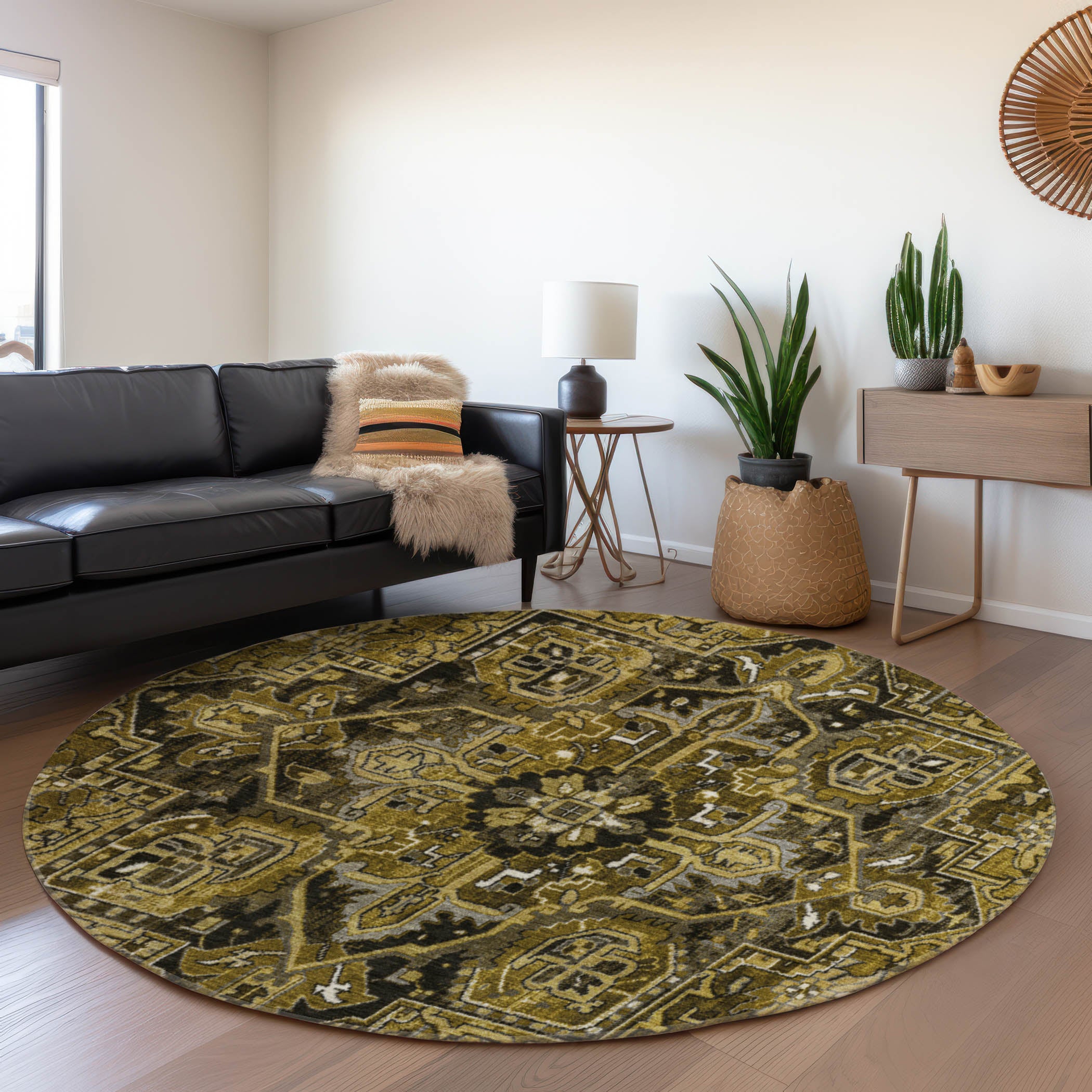 Bern Machine Washable Traditional Brown Rug 8' x 8' #shape_Round