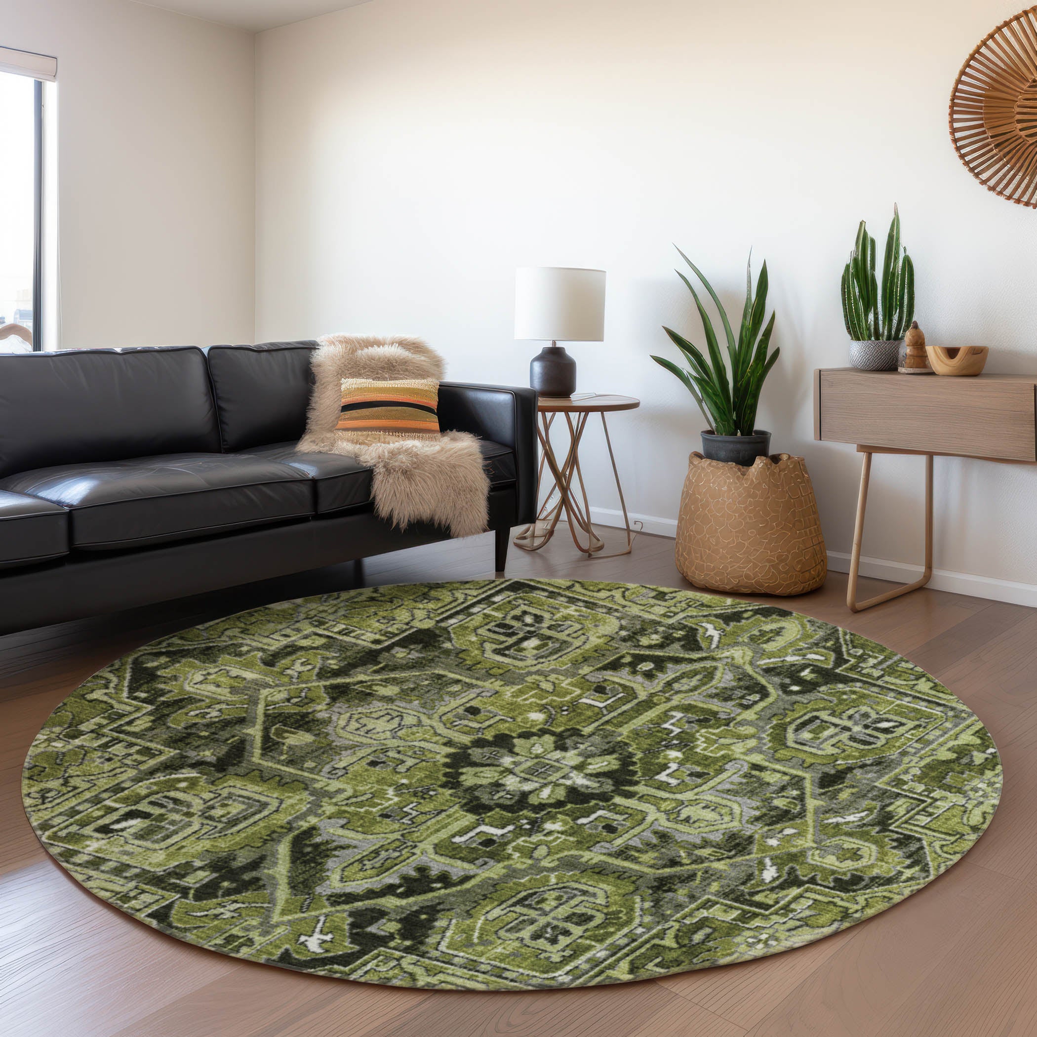 Bern Machine Washable Traditional Olive Green Rug 8' x 8' #shape_Round