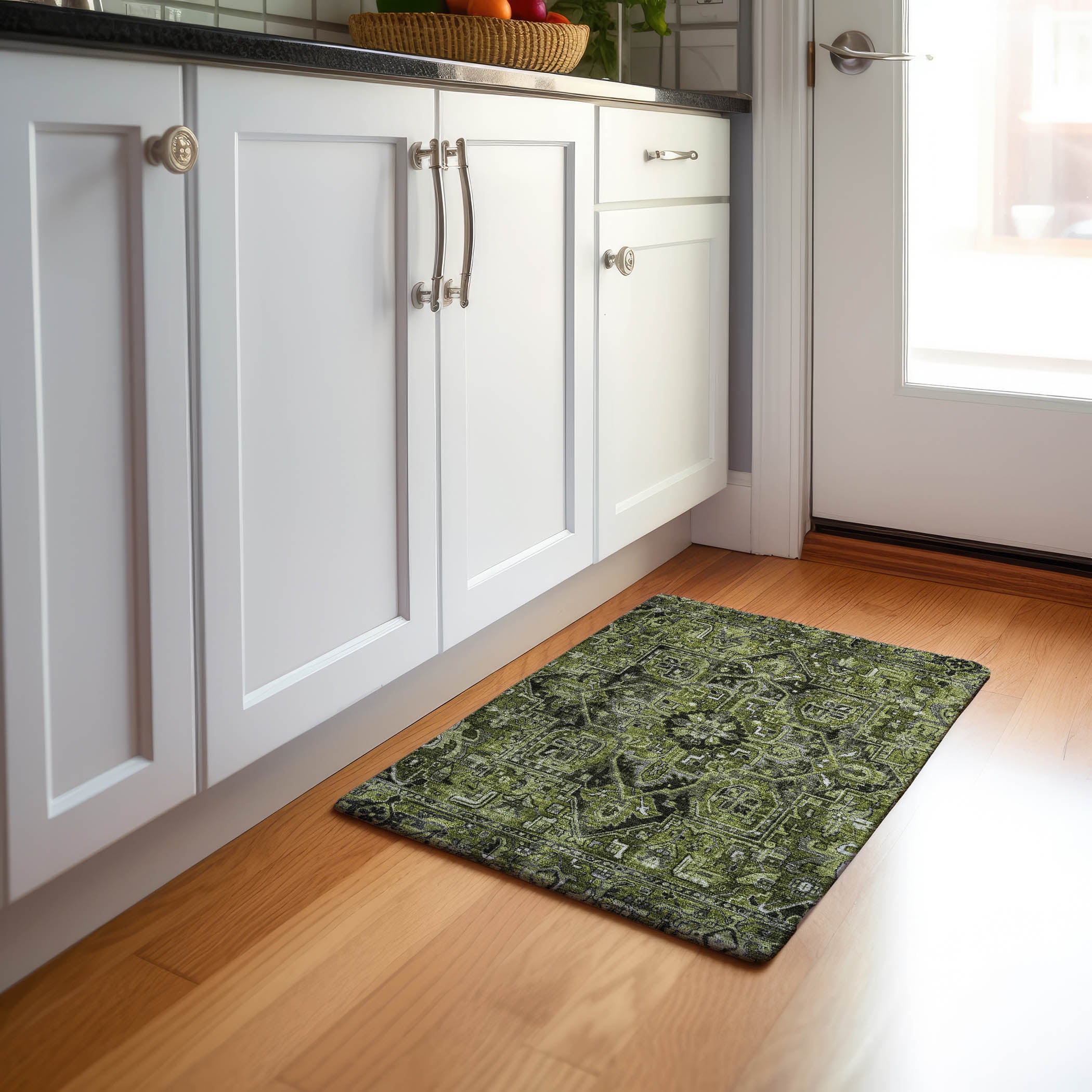 Bern Machine Washable Traditional Olive Green Rug 1'8" x 2'6" #shape_Rectangle
