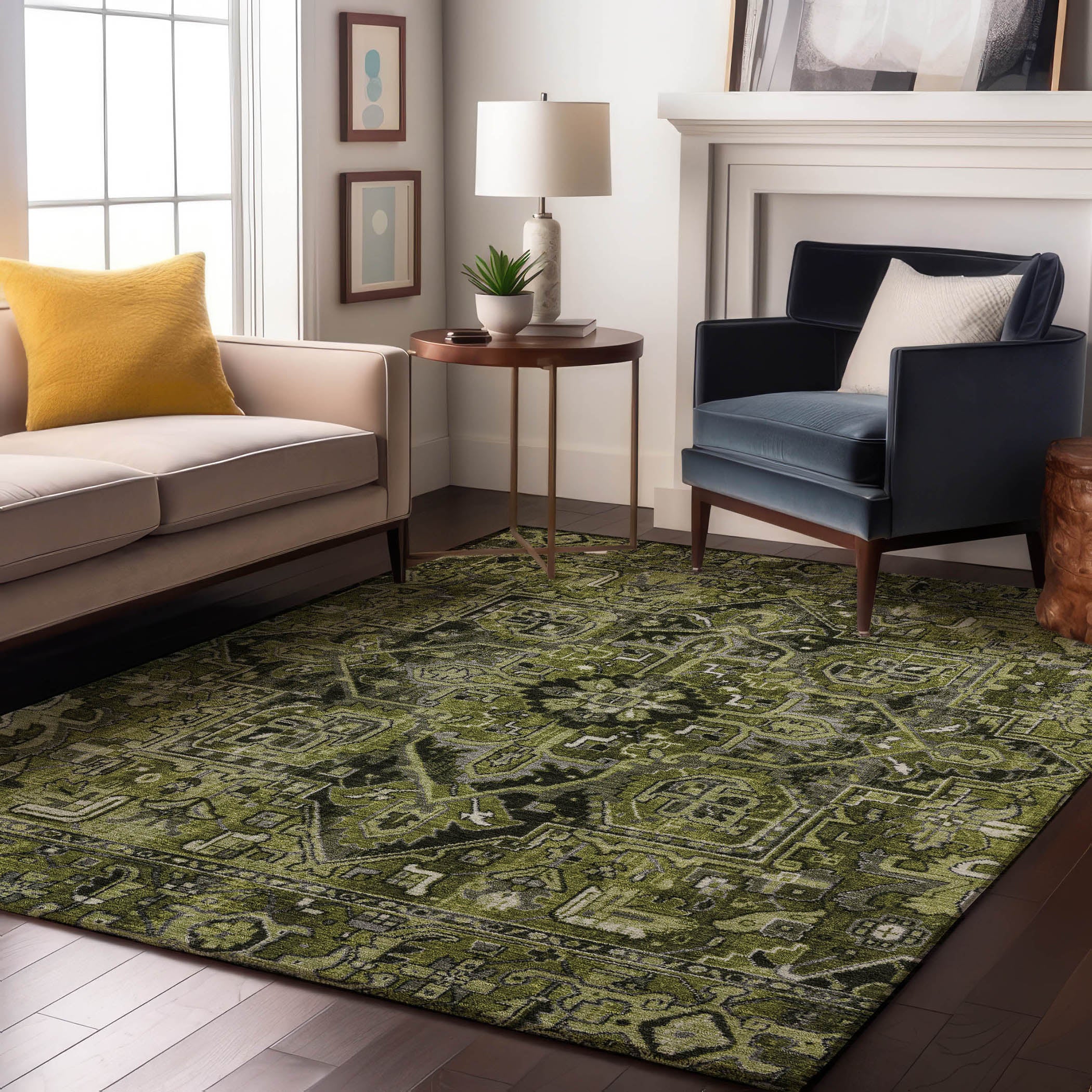 Bern Machine Washable Traditional Olive Green Rug 2'6" x 3'10" #shape_Rectangle