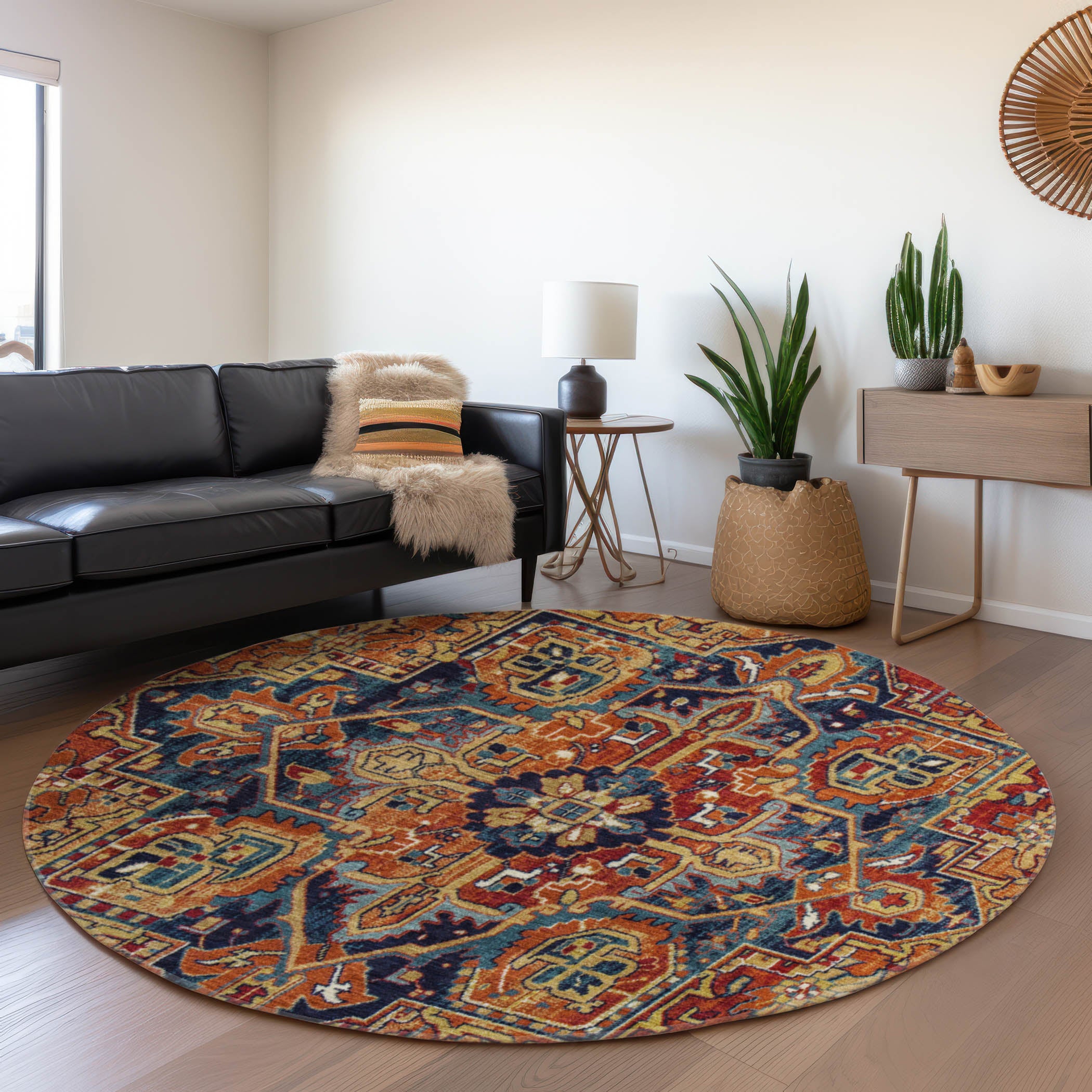 Bern Machine Washable Traditional Paprika Orange Rug 8' x 8' #shape_Round