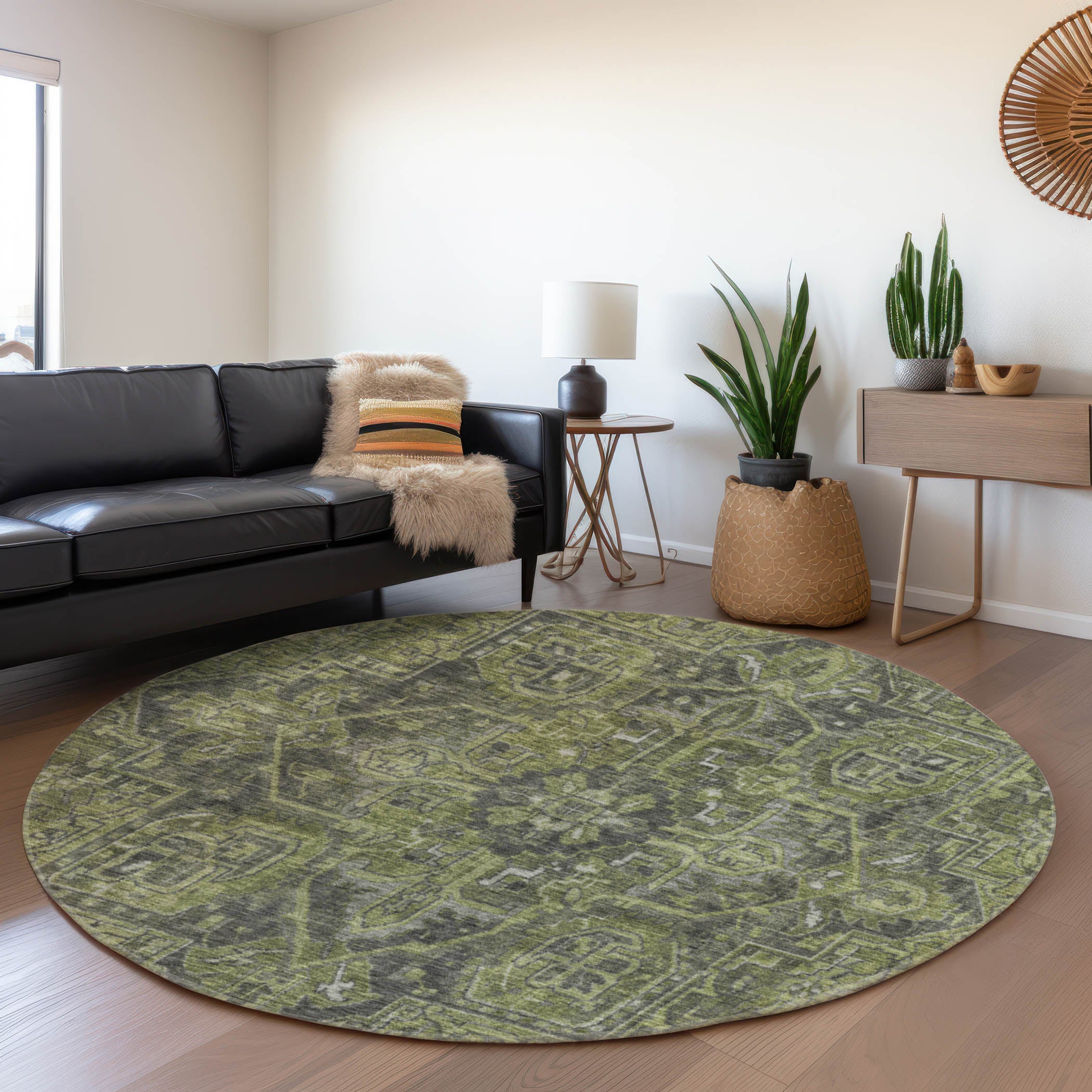 Reykjavik Machine Washable Traditional Green Rug 8' x 8' #shape_Round