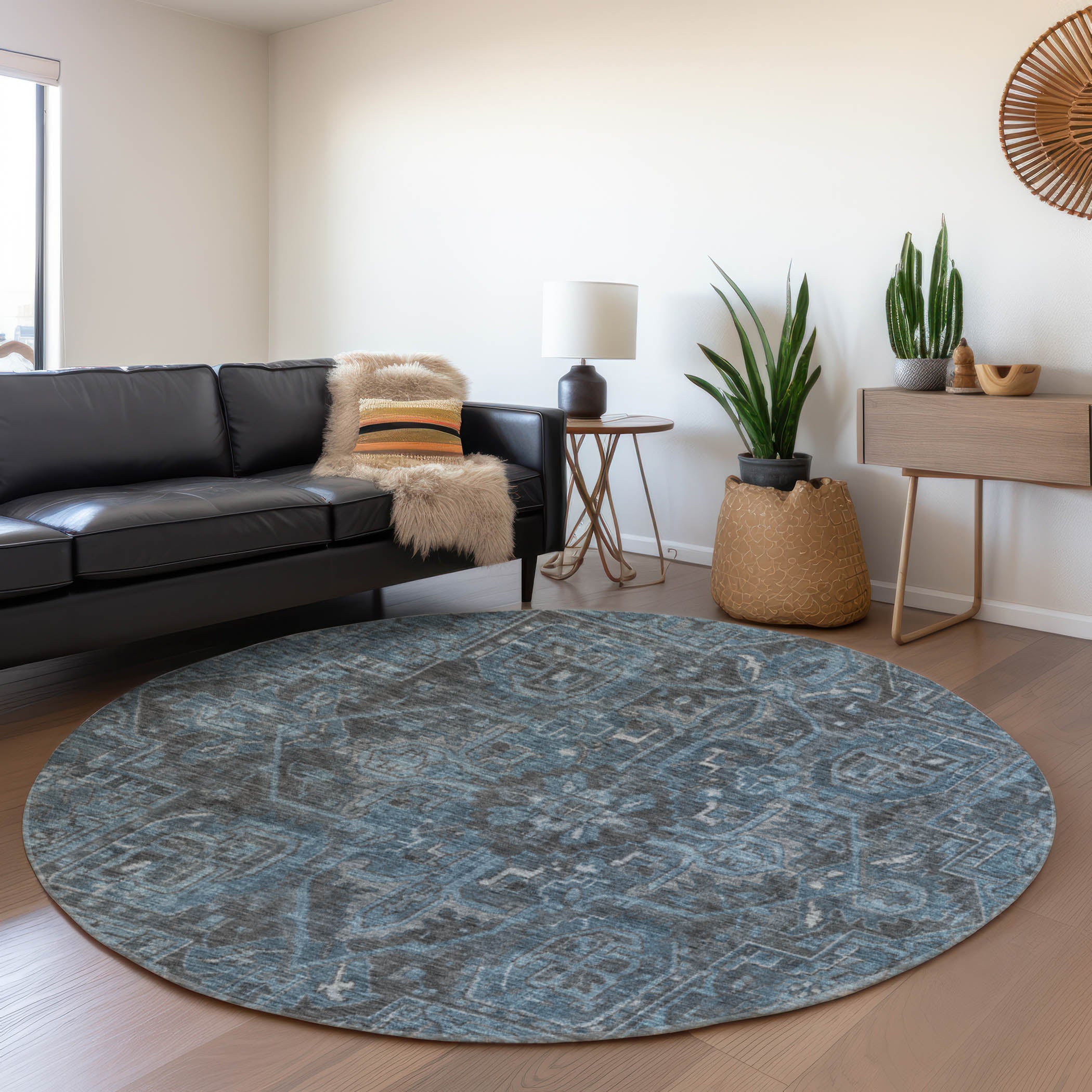 Reykjavik Machine Washable Traditional Navy Blue Rug 8' x 8' #shape_Round