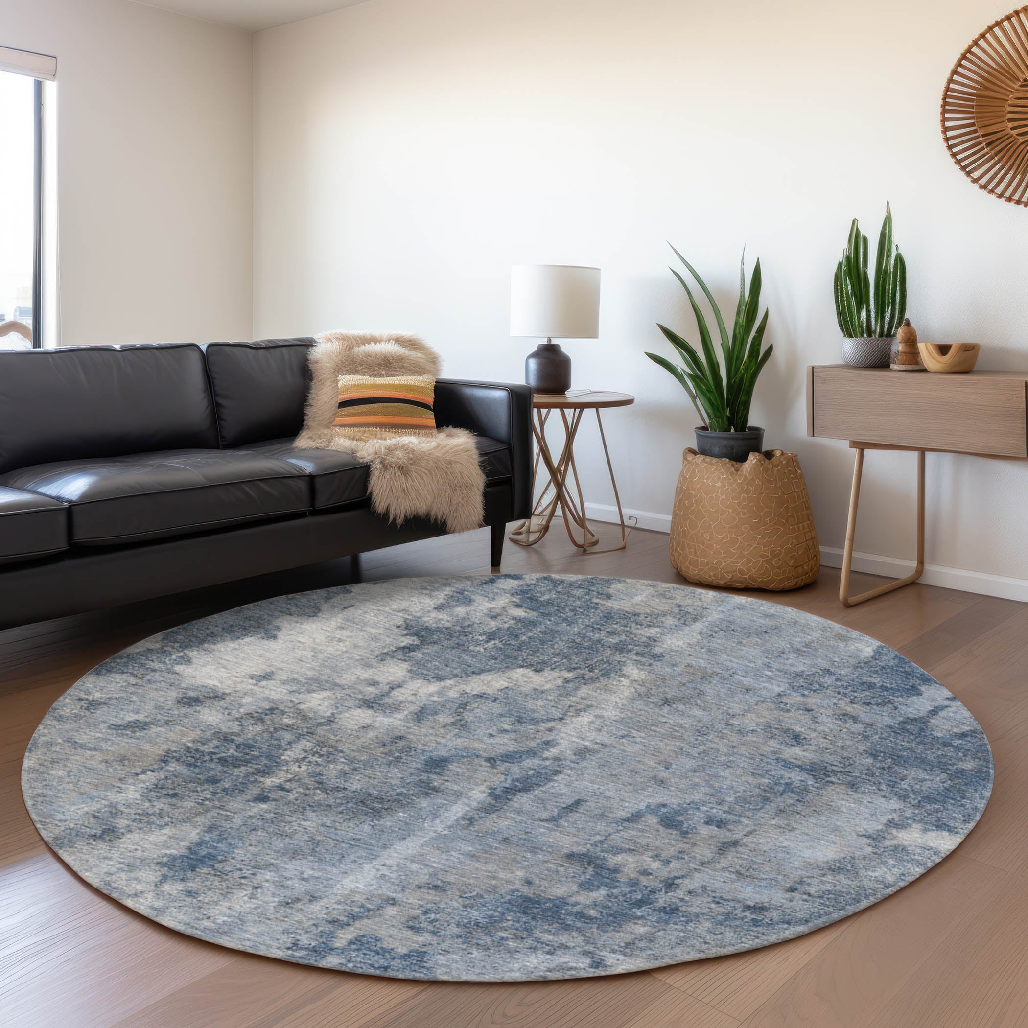 Hoi An Machine Washable Transitional Blue Rug 8' x 8' #shape_Round