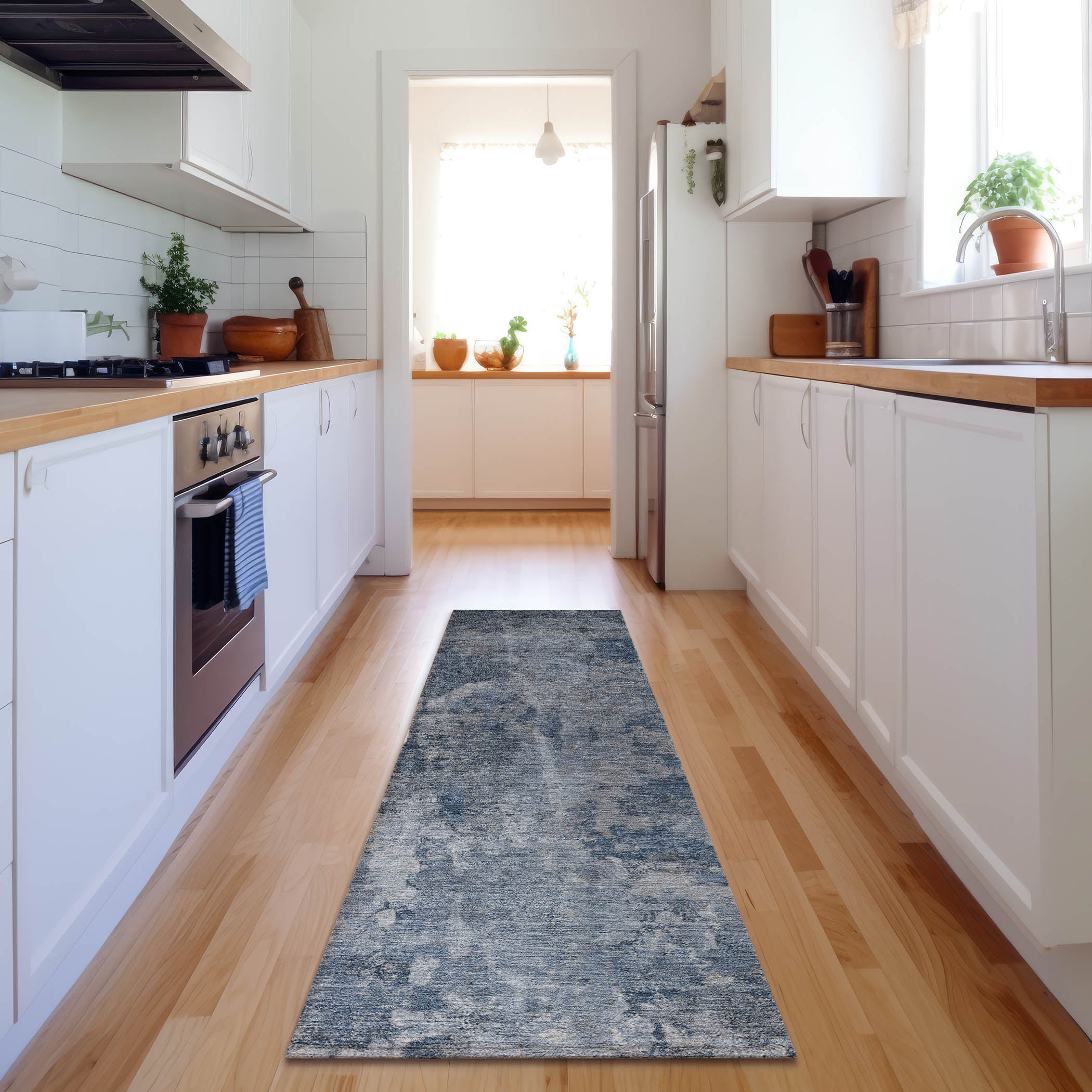 Hoi An Machine Washable Transitional Blue Rug 2'3" x 7'6" #shape_Runner