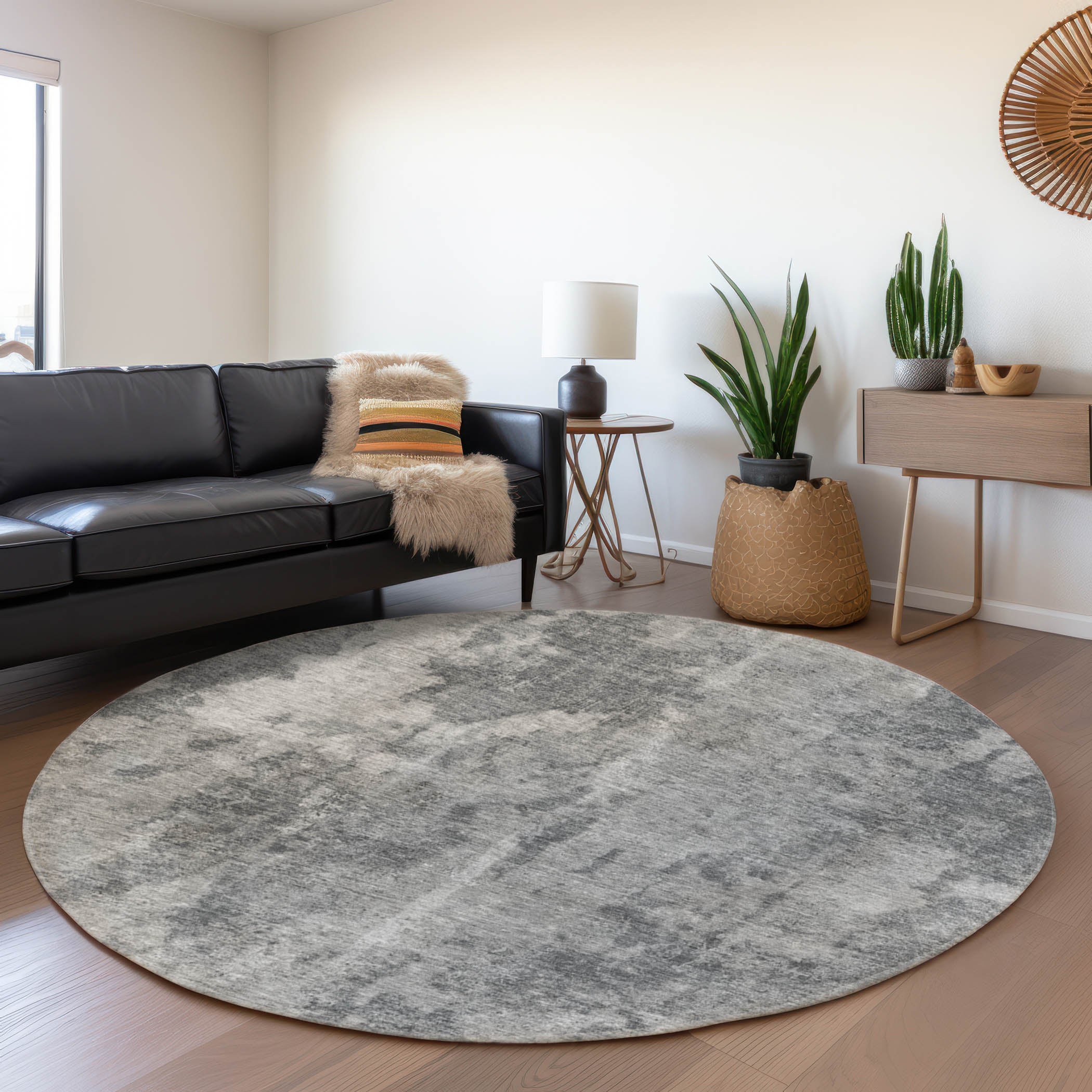 Hoi An Machine Washable Transitional Gray Rug 8' x 8' #shape_Round