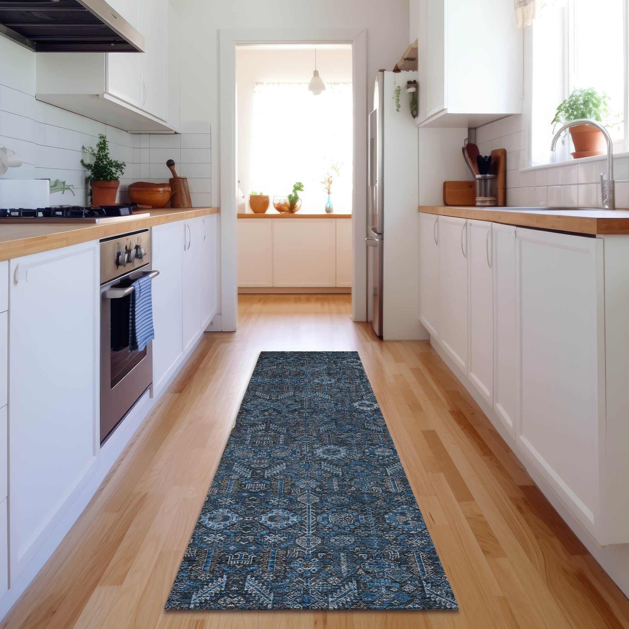 Lucerne Machine Washable Transitional Blue Rug 2'3" x 7'6" #shape_Runner