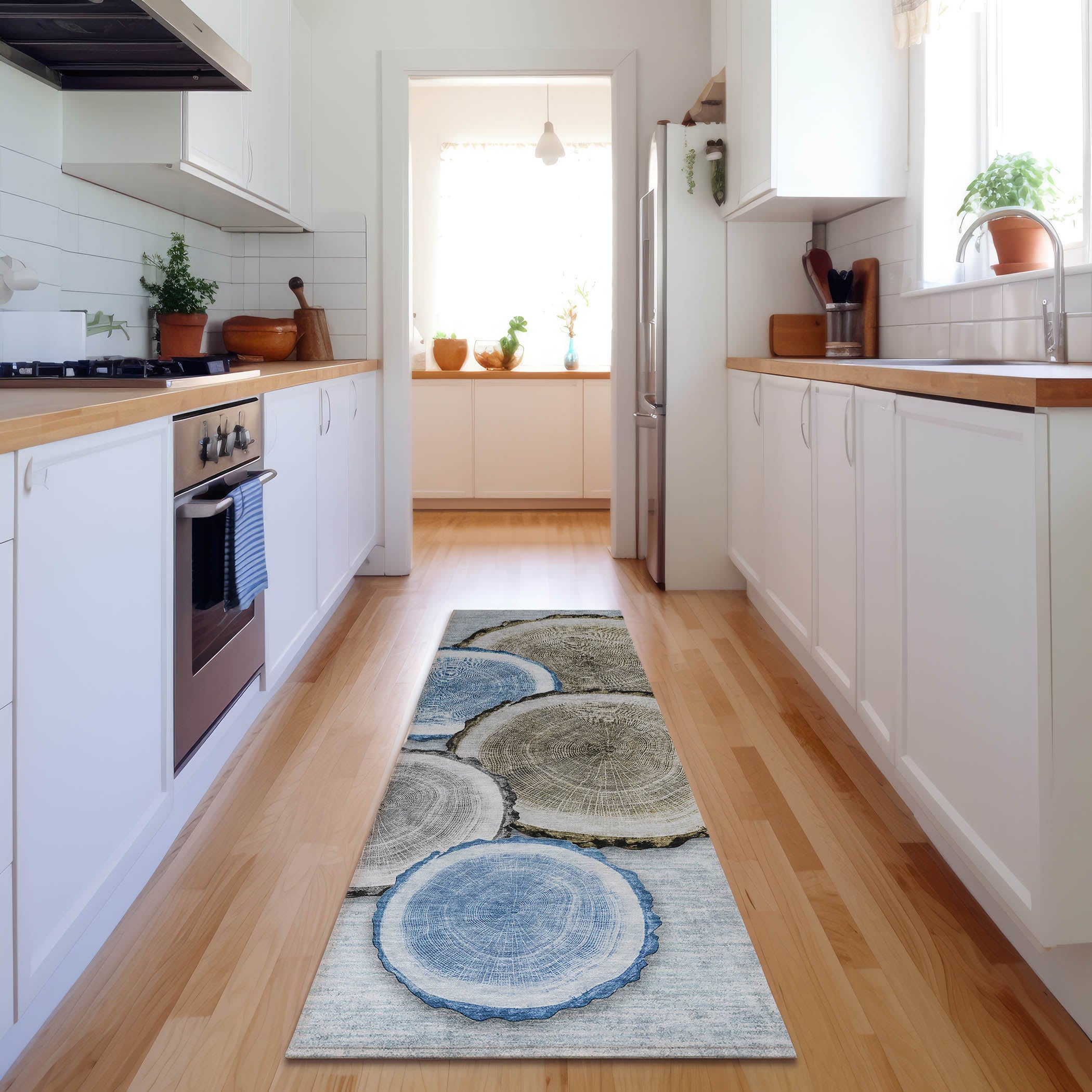 Dublin Machine Washable Transitional Blue Rug 2'3" x 7'6" #shape_Runner